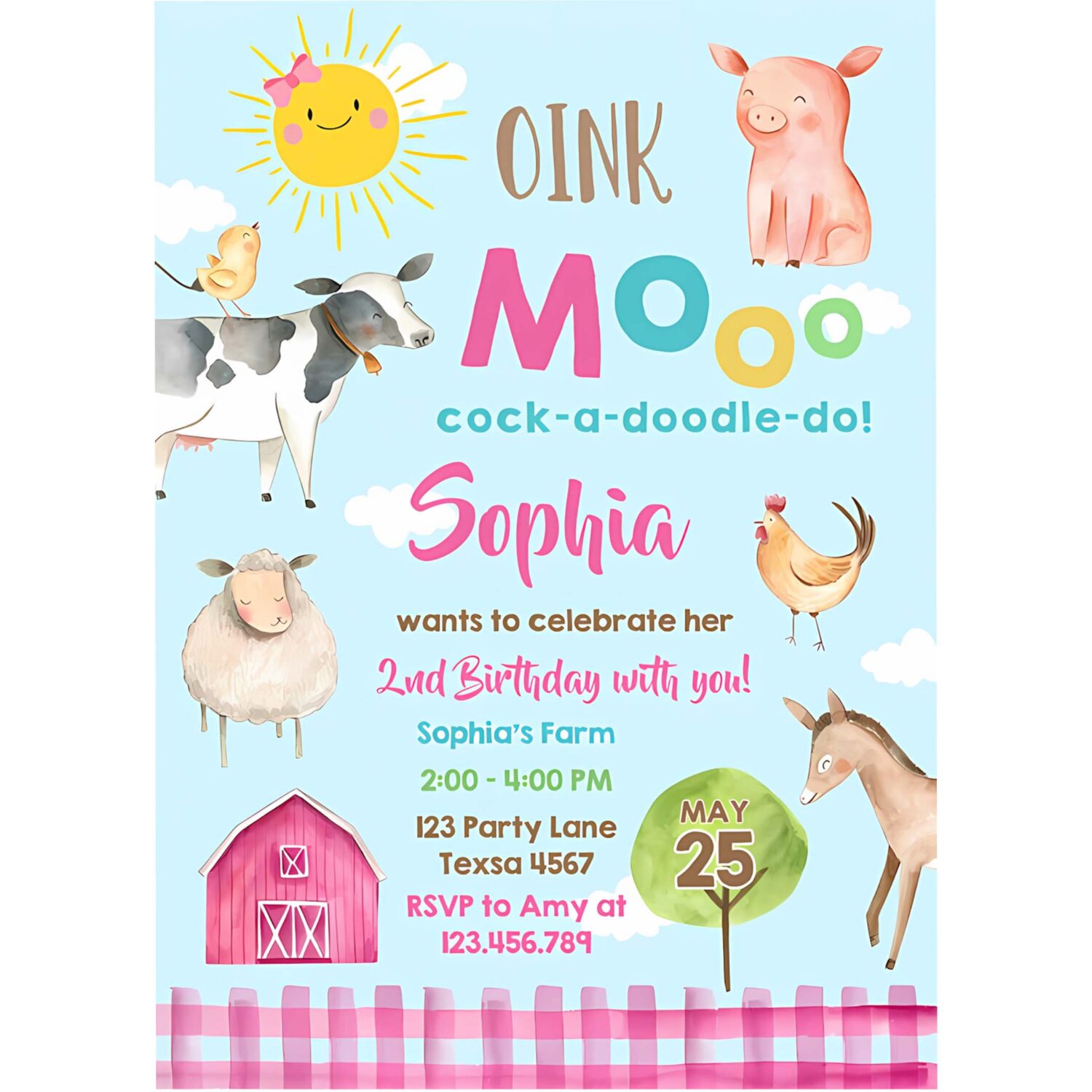 Farm animals birthday invitation girl party animals pink barnyard party barn 4