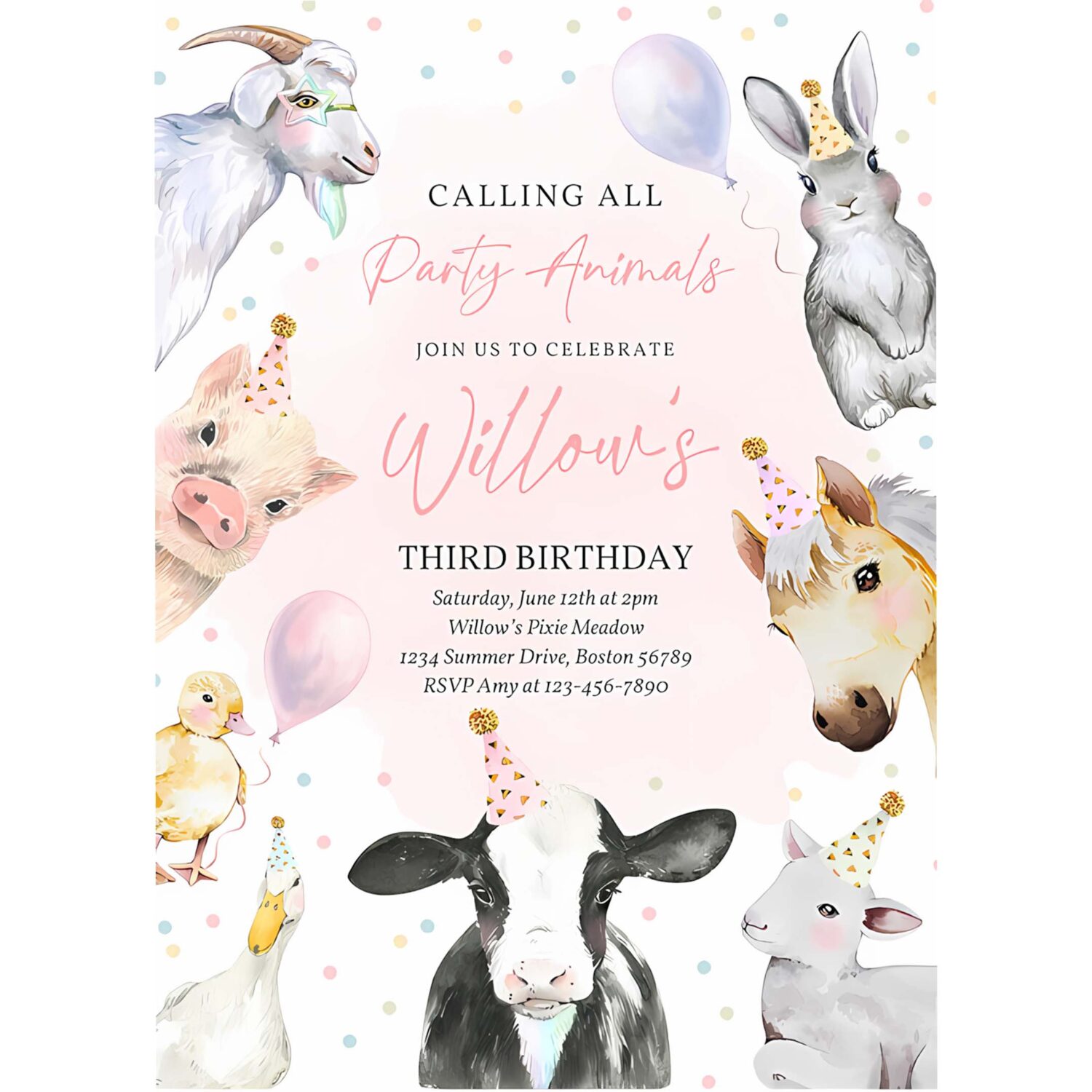 Farm animals birthday party invitation pink girl farm barnyard 1st birthday party animals 1st birthday party 4