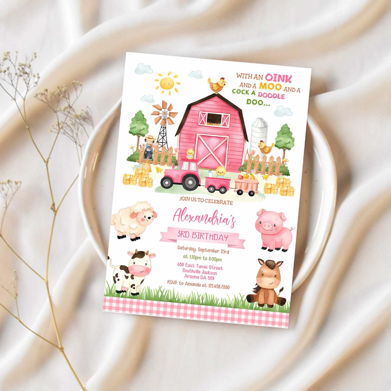 Farm pink birthday invitation farm animals birthday invitation barnyard invitation farm invitation 1