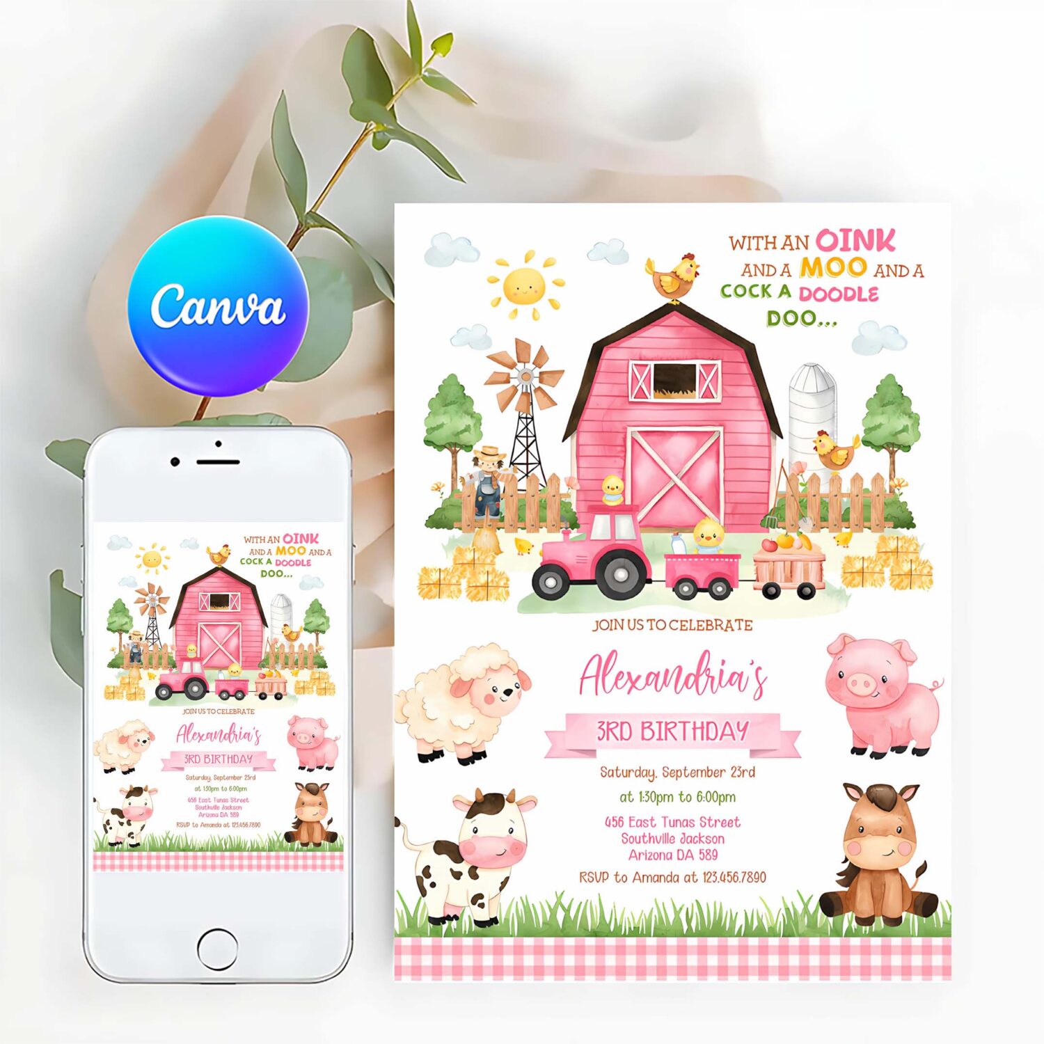 Farm pink birthday invitation farm animals birthday invitation barnyard invitation farm invitation