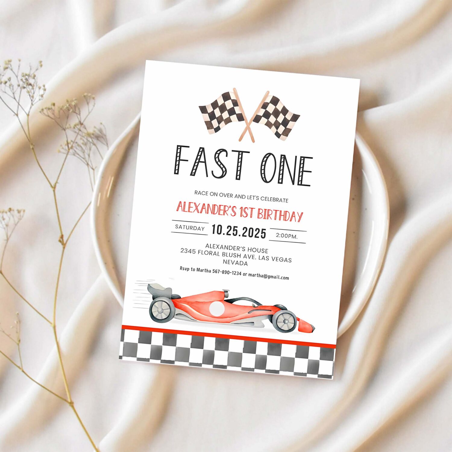 Fast one racing car first birthday invitation 1st birthday invitation racing car vintage racecar 1