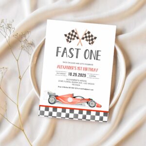 Fast one racing car first birthday invitation 1st birthday invitation racing car vintage racecar 1