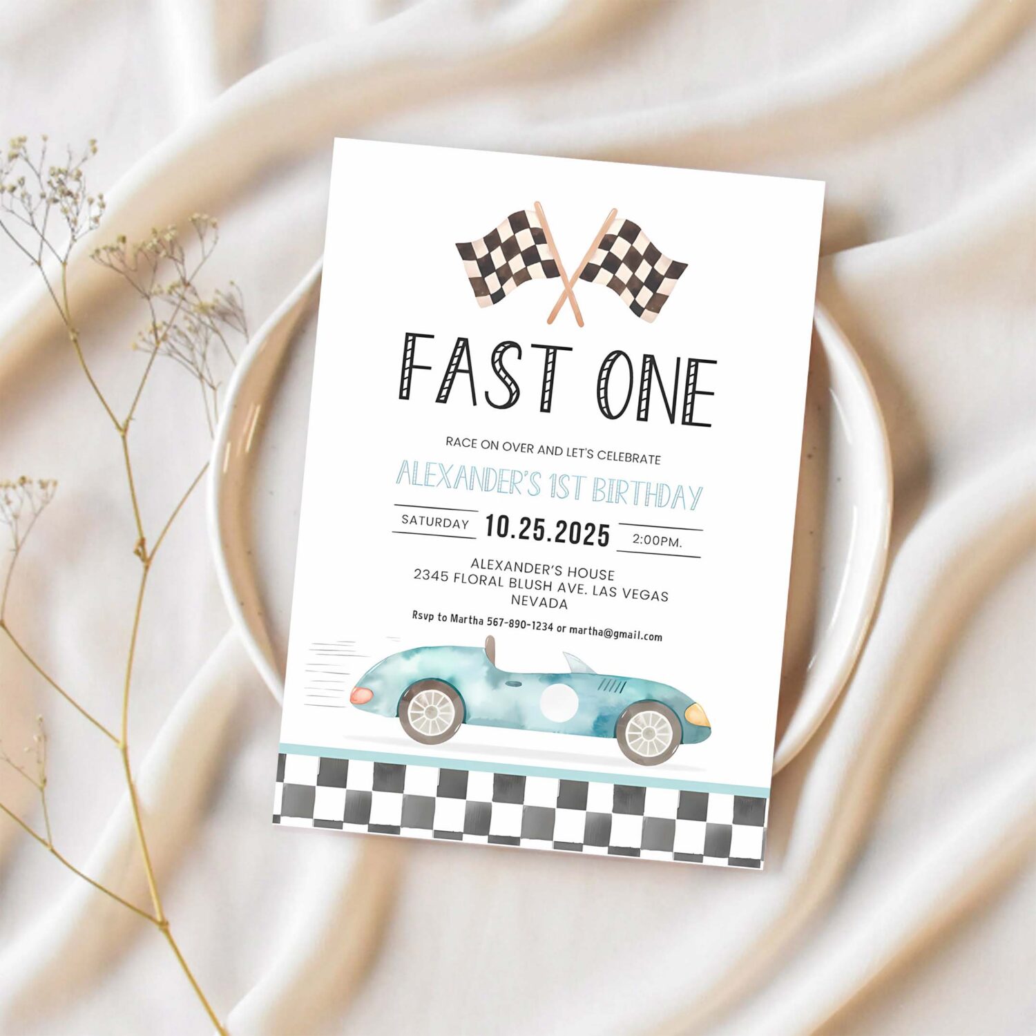 Fast one racing car first birthday invitation 1st birthday invitation racing car vintage racecar invite 1