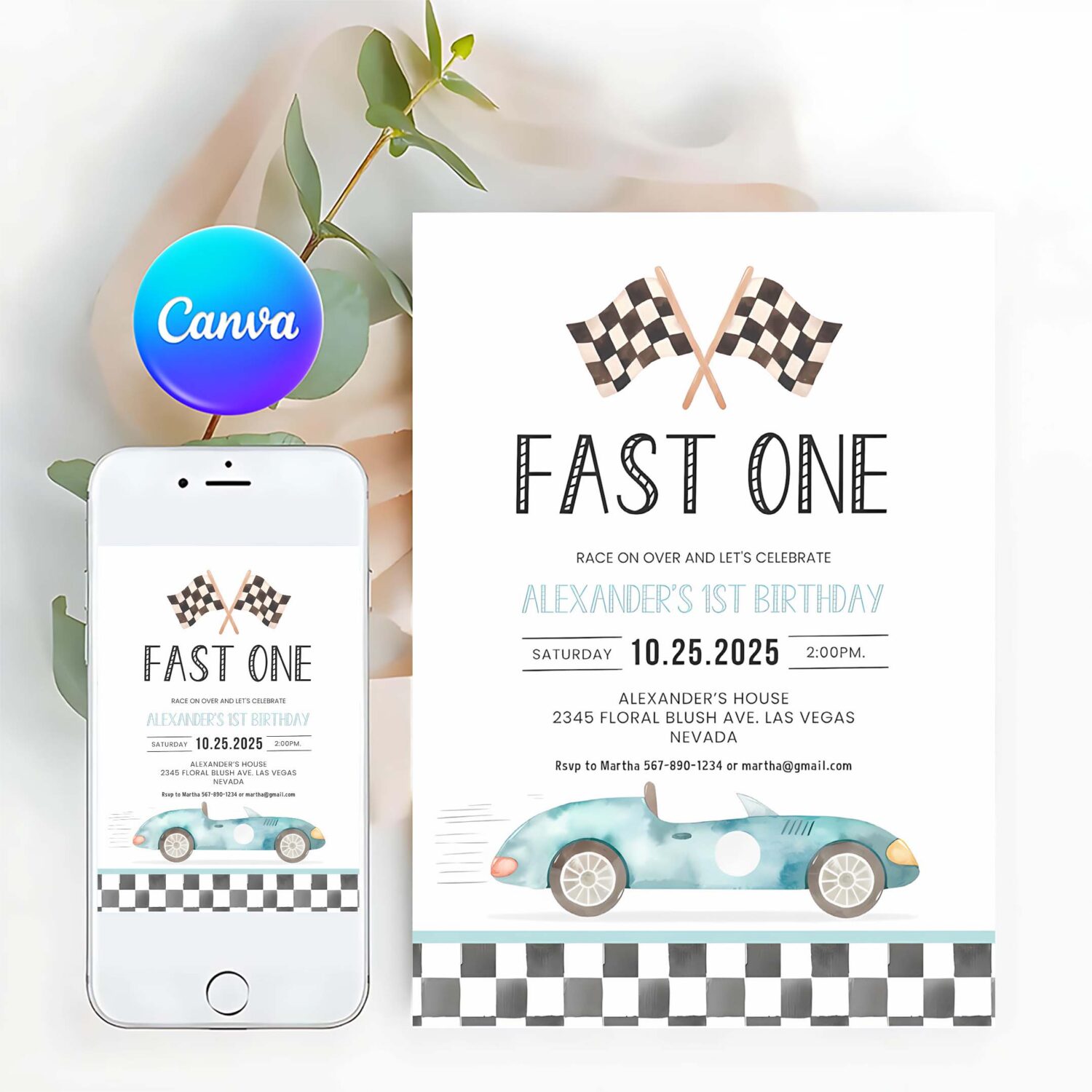 Fast one racing car first birthday invitation 1st birthday invitation racing car vintage racecar invite