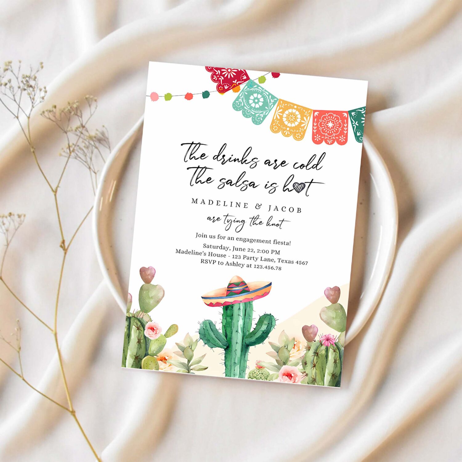 Fiesta engagement invitation couples shower bridal mexican cactus succulent desert floral 1