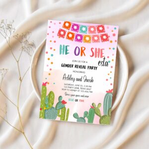 Fiesta gender reveal invitation he or she boy or girl cactus mexican she esta cactus blue pink 1