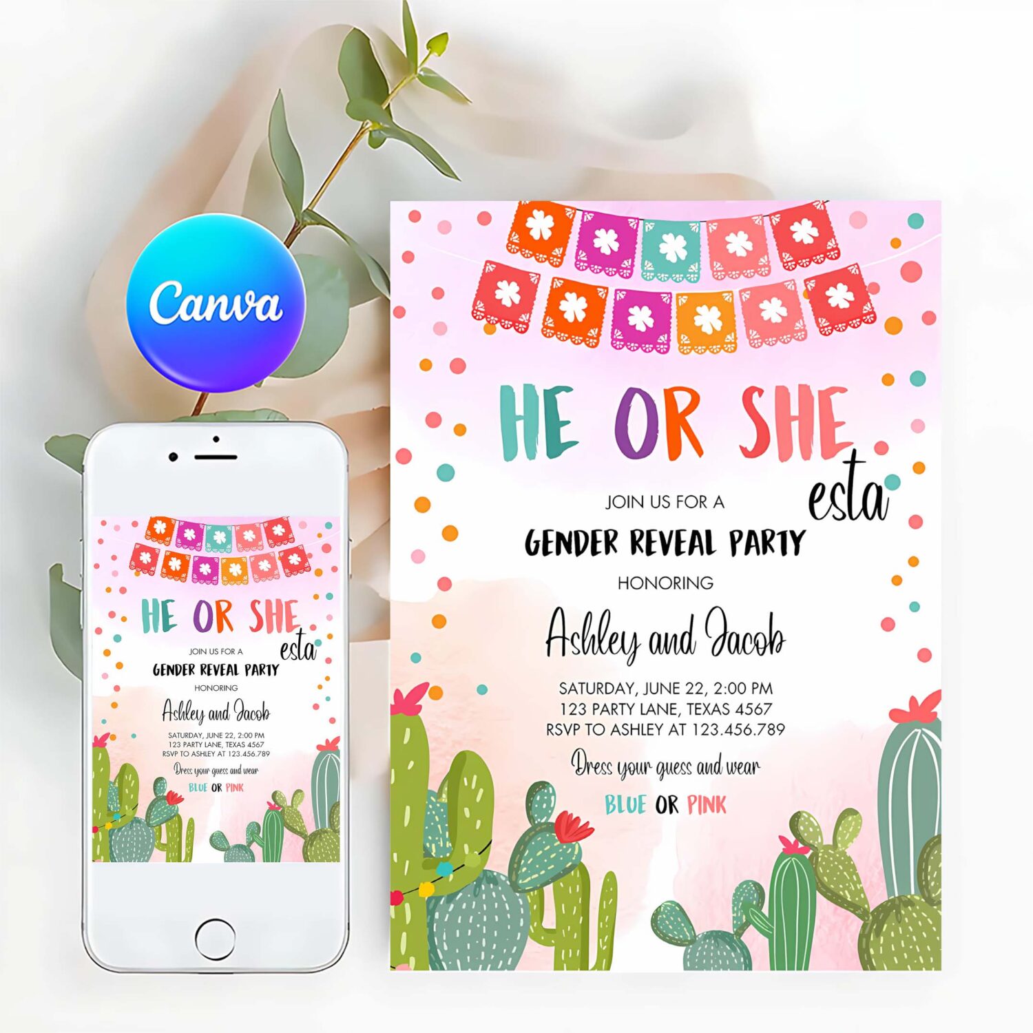 Fiesta gender reveal invitation he or she boy or girl cactus mexican she esta cactus blue pink