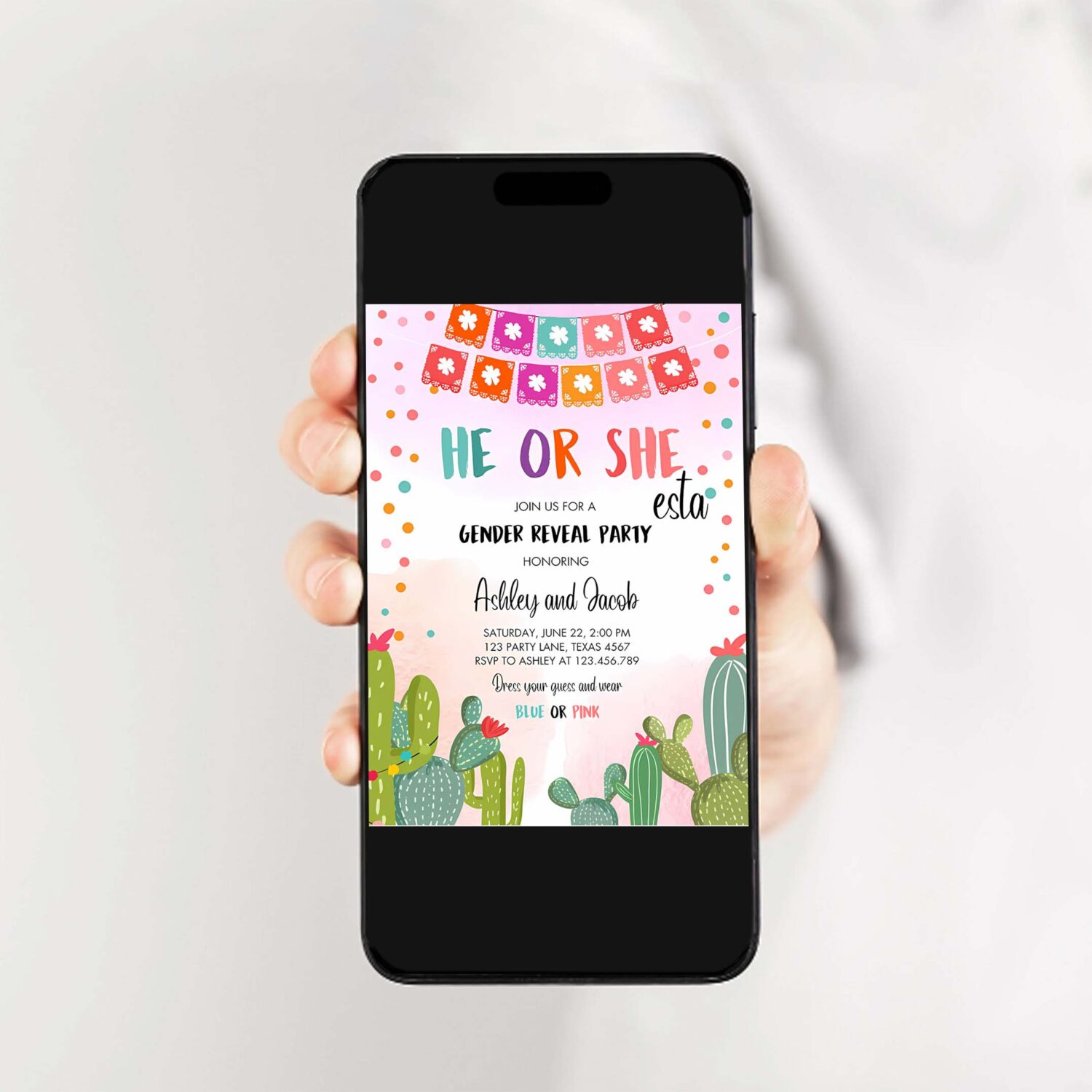 Fiesta gender reveal invitation he or she boy or girl cactus mexican she esta cactus blue pink 2