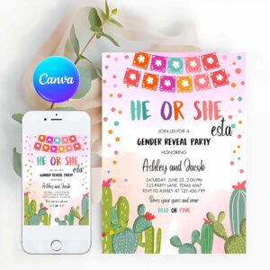 Fiesta Invitation, Fiesta Gender Reveal Invitation, He or She Boy or Girl Cactus Mexican She-esta Cactus Blue Pink