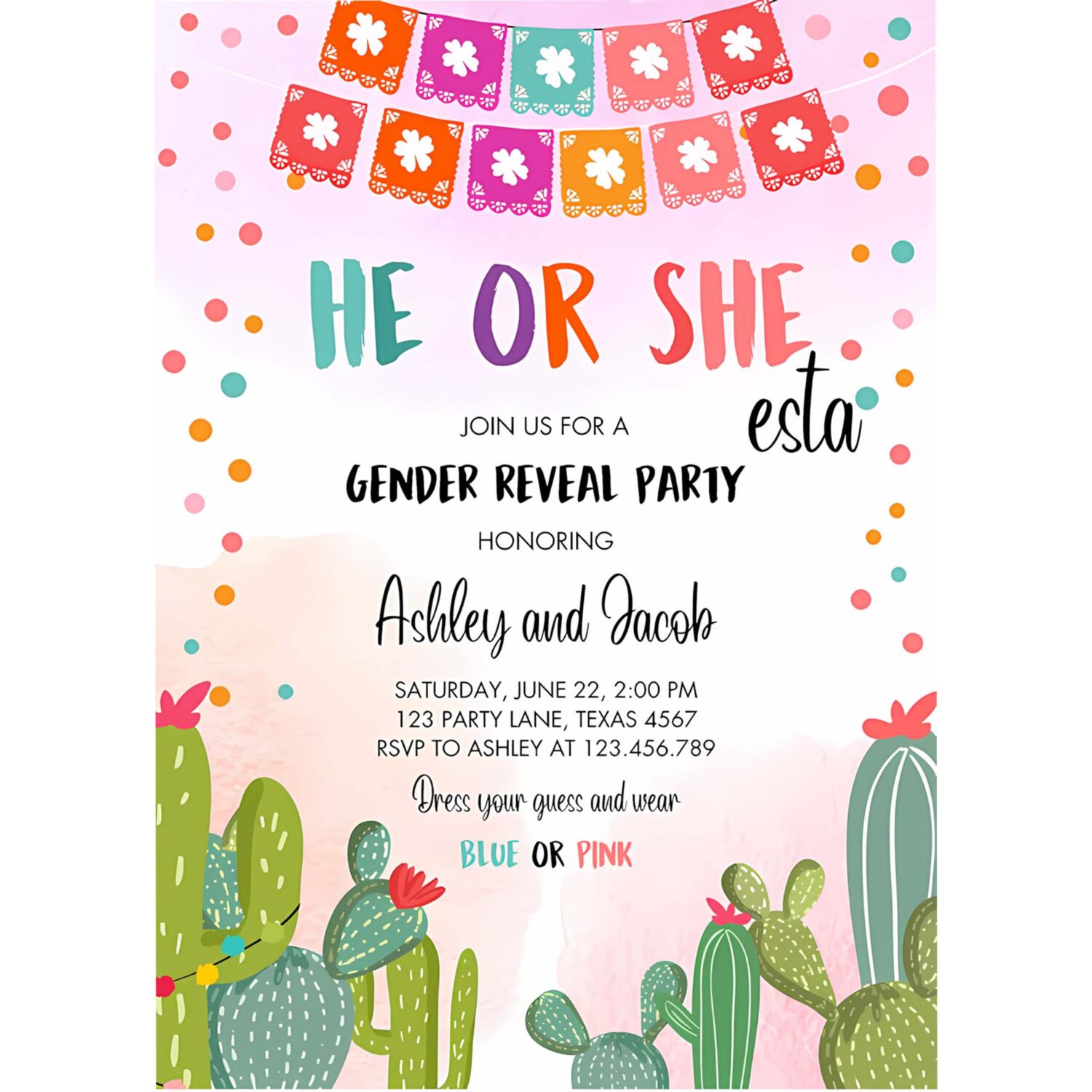 Fiesta gender reveal invitation he or she boy or girl cactus mexican she esta cactus blue pink 4