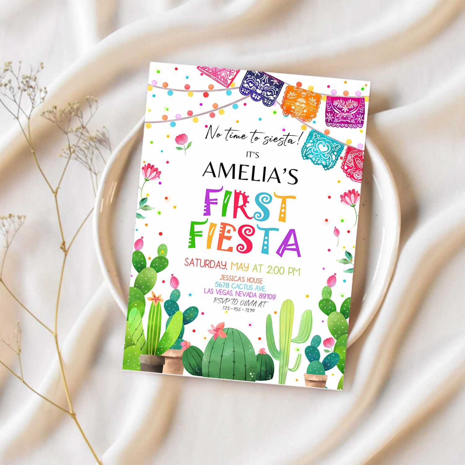 Fiesta invitation birthday party invite first cactus mexican holiday kids cinco de mayo margarita succulent dessert editable template 1