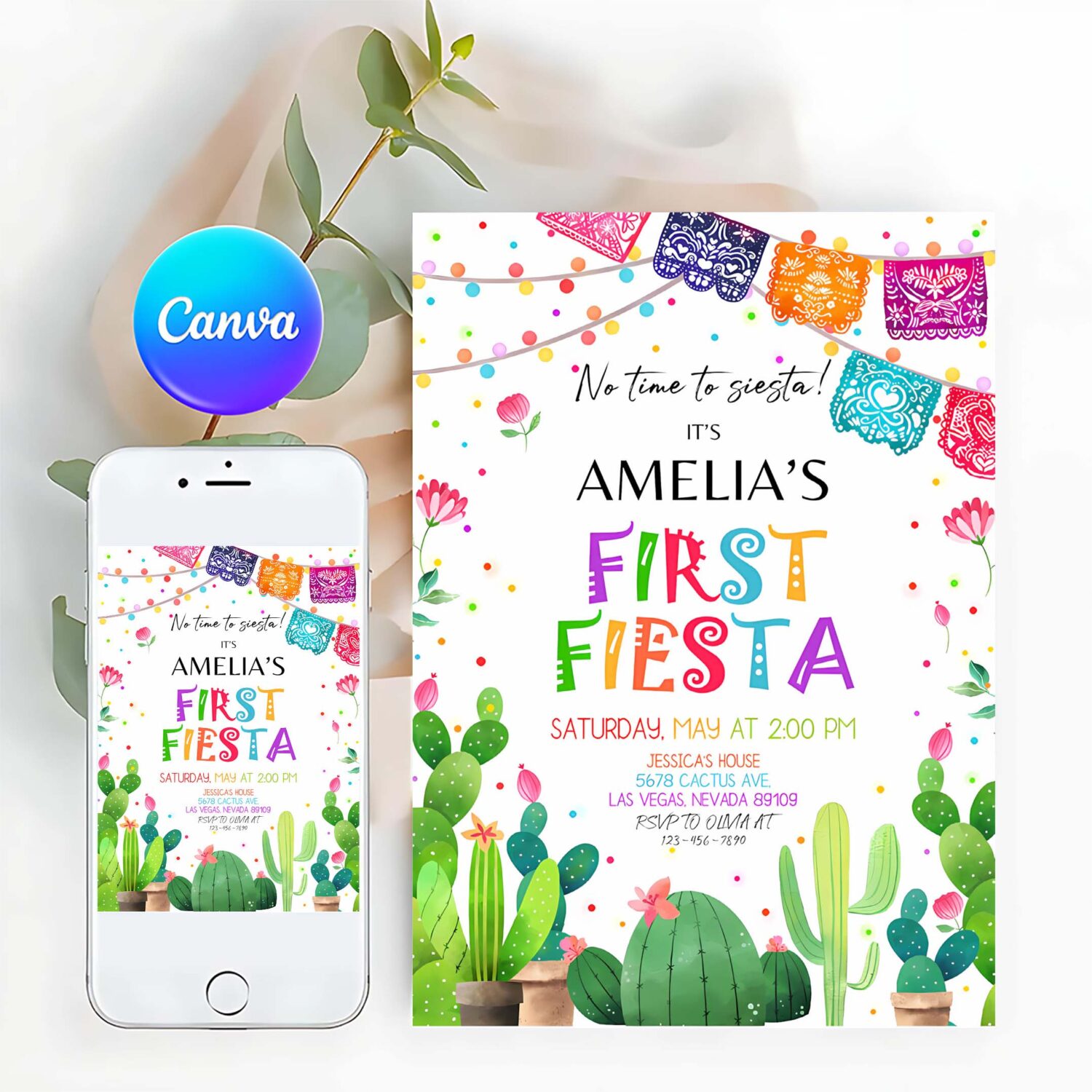 Fiesta invitation birthday party invite first cactus mexican holiday kids cinco de mayo margarita succulent dessert editable template