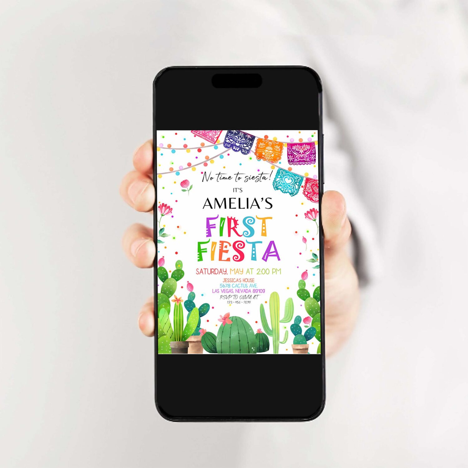 Fiesta invitation birthday party invite first cactus mexican holiday kids cinco de mayo margarita succulent dessert editable template 2