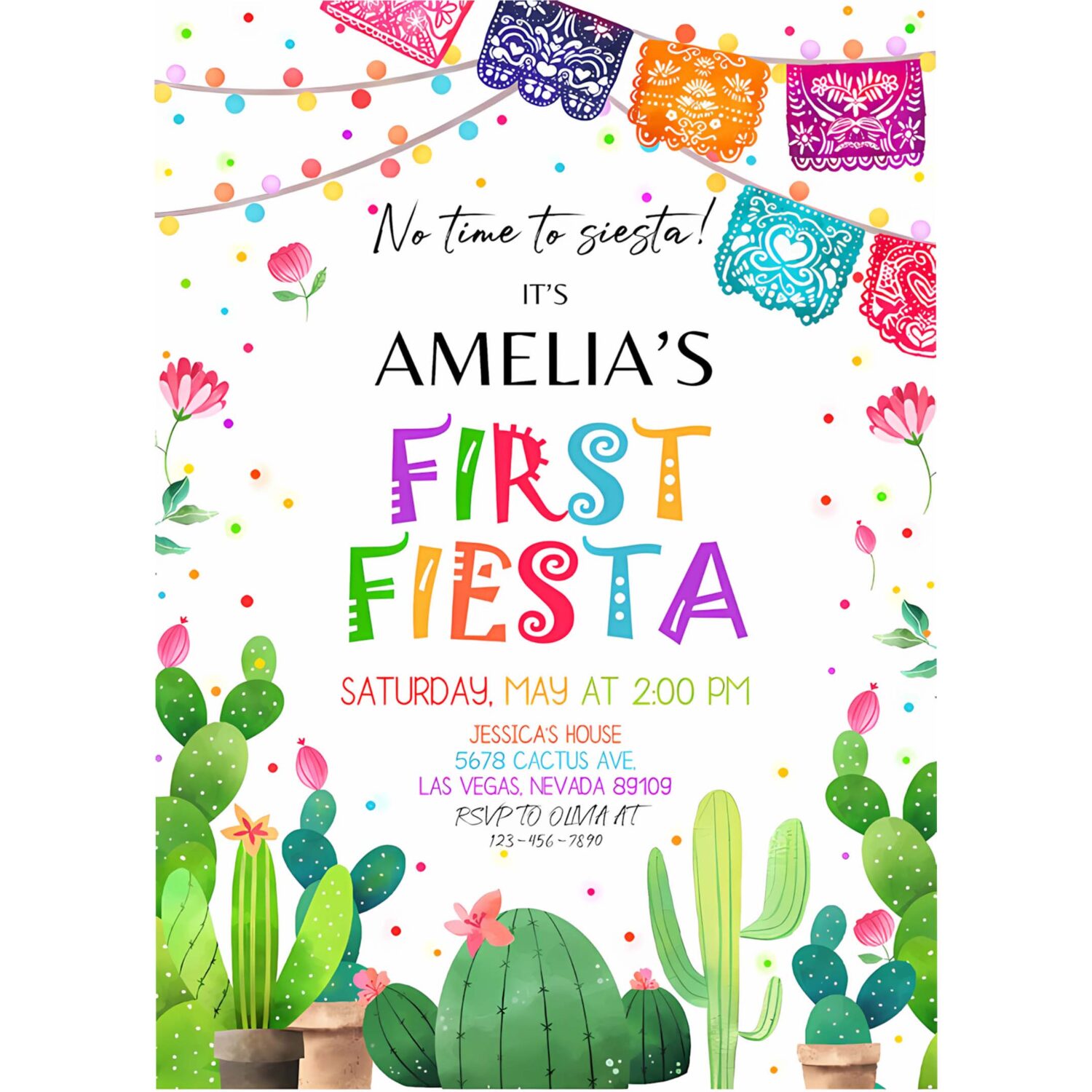 Fiesta invitation birthday party invite first cactus mexican holiday kids cinco de mayo margarita succulent dessert editable template 4