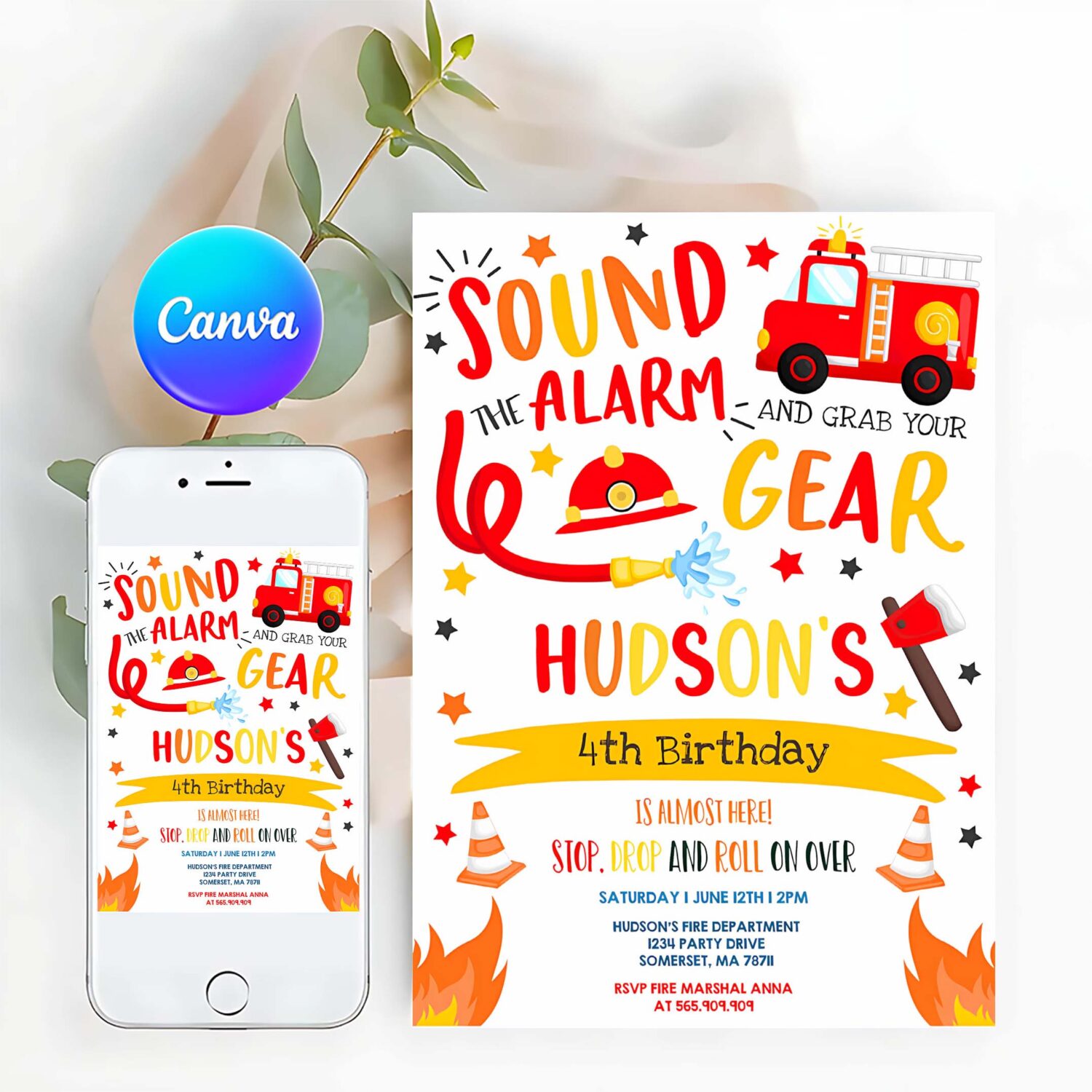 Firetruck invitation firetruck birthday party invitation firefighter birthday invite fireman birthday invitation