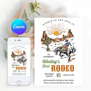 First Rodeo Invitation, First Rodeo Birthday for Boy, Wild West Cowboy 1st Birthday, Cactus, Cowboy Hat, Country Western Invite