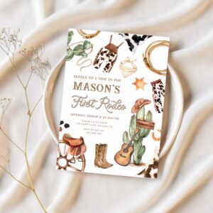 First rodeo cowboy wild west western boy birthday invitation h34n 1