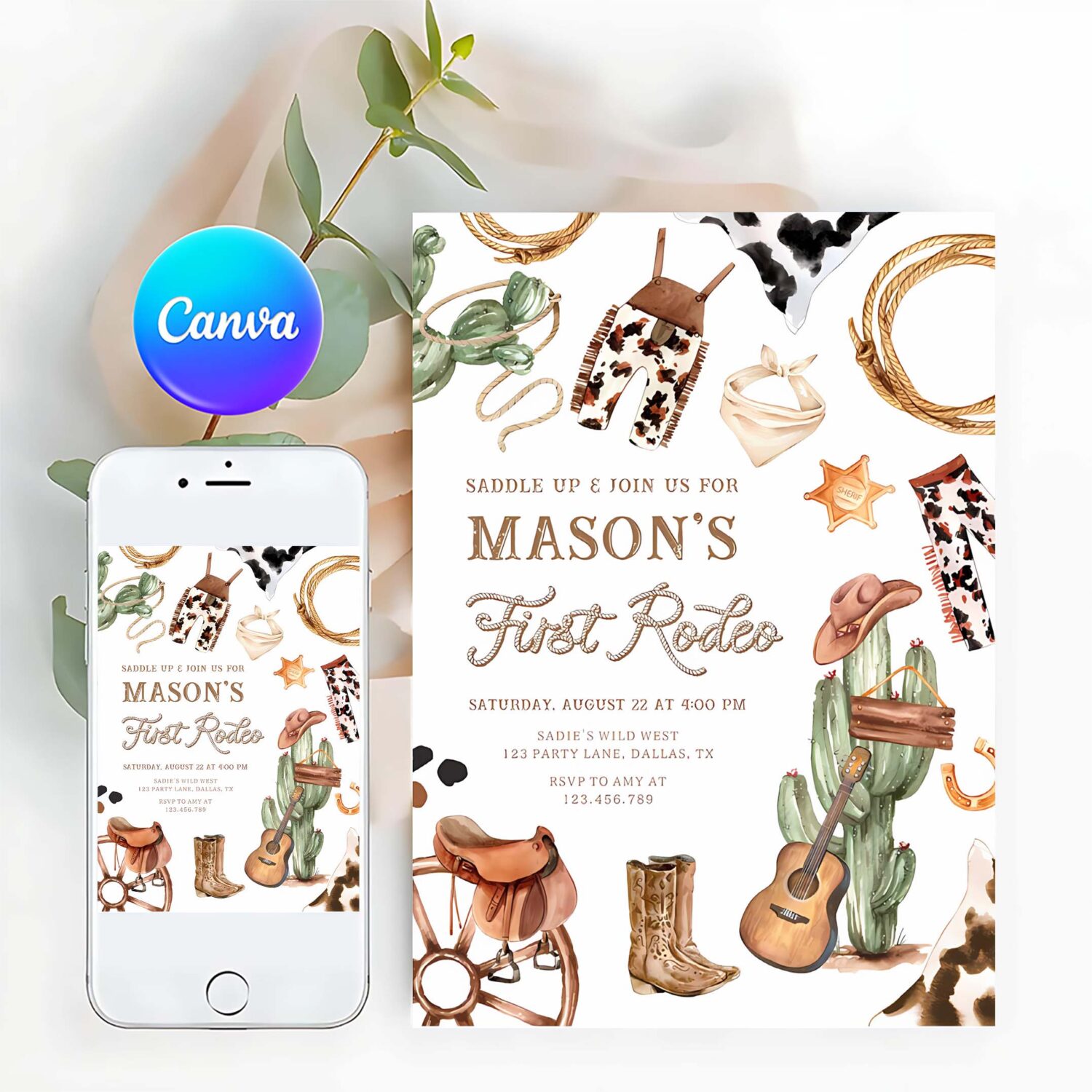 First rodeo cowboy wild west western boy birthday invitation h34n