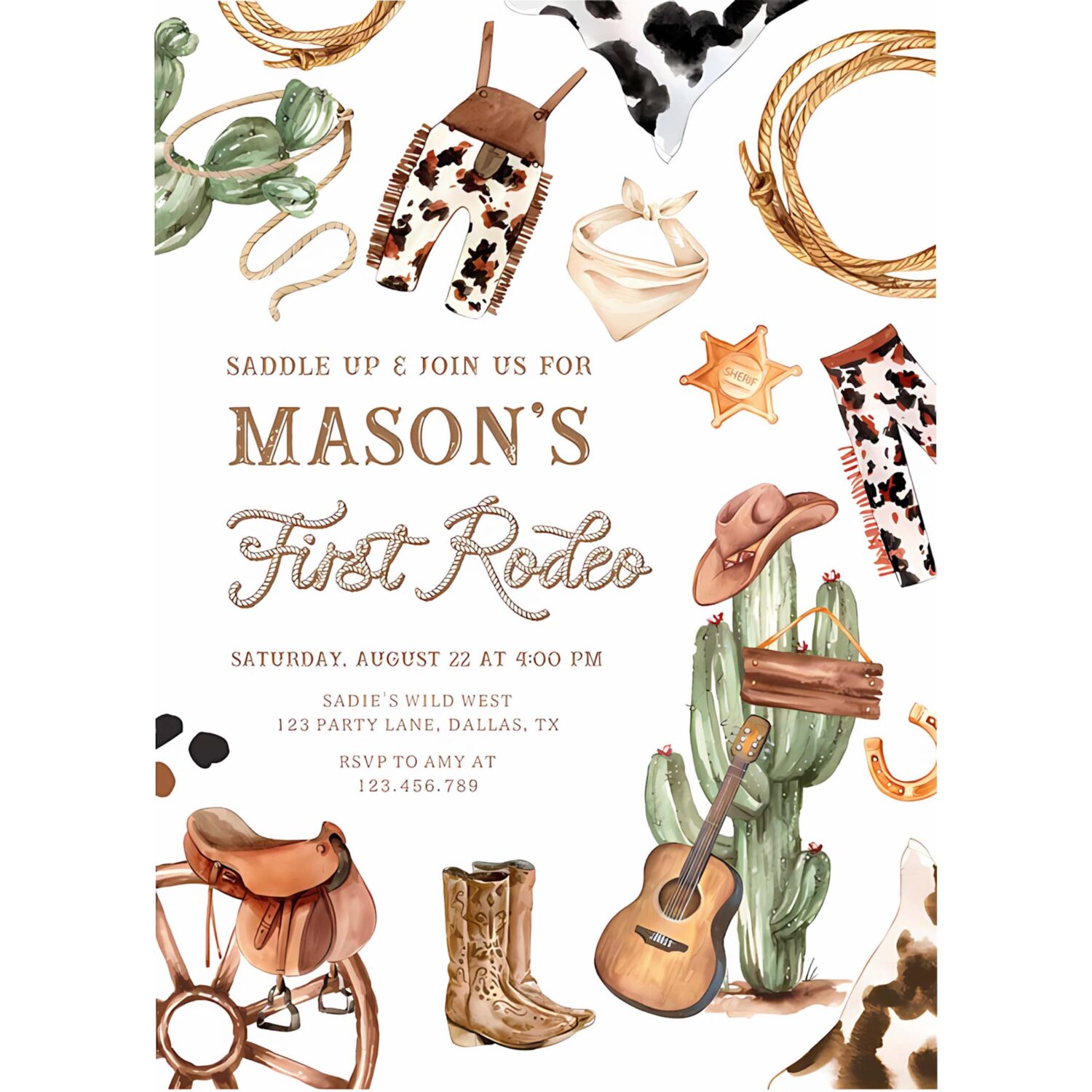 First rodeo cowboy wild west western boy birthday invitation h34n 4