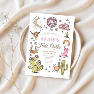 First rodeo cowboy wild west western girl birthday invitation h63x 1
