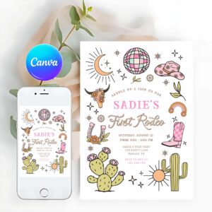 First Rodeo Invitation, First Rodeo Cowboy Wild West Western Girl Birthday Invitation