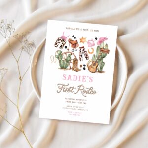 First rodeo cowboy wild west western girl birthday invitation r54y 1