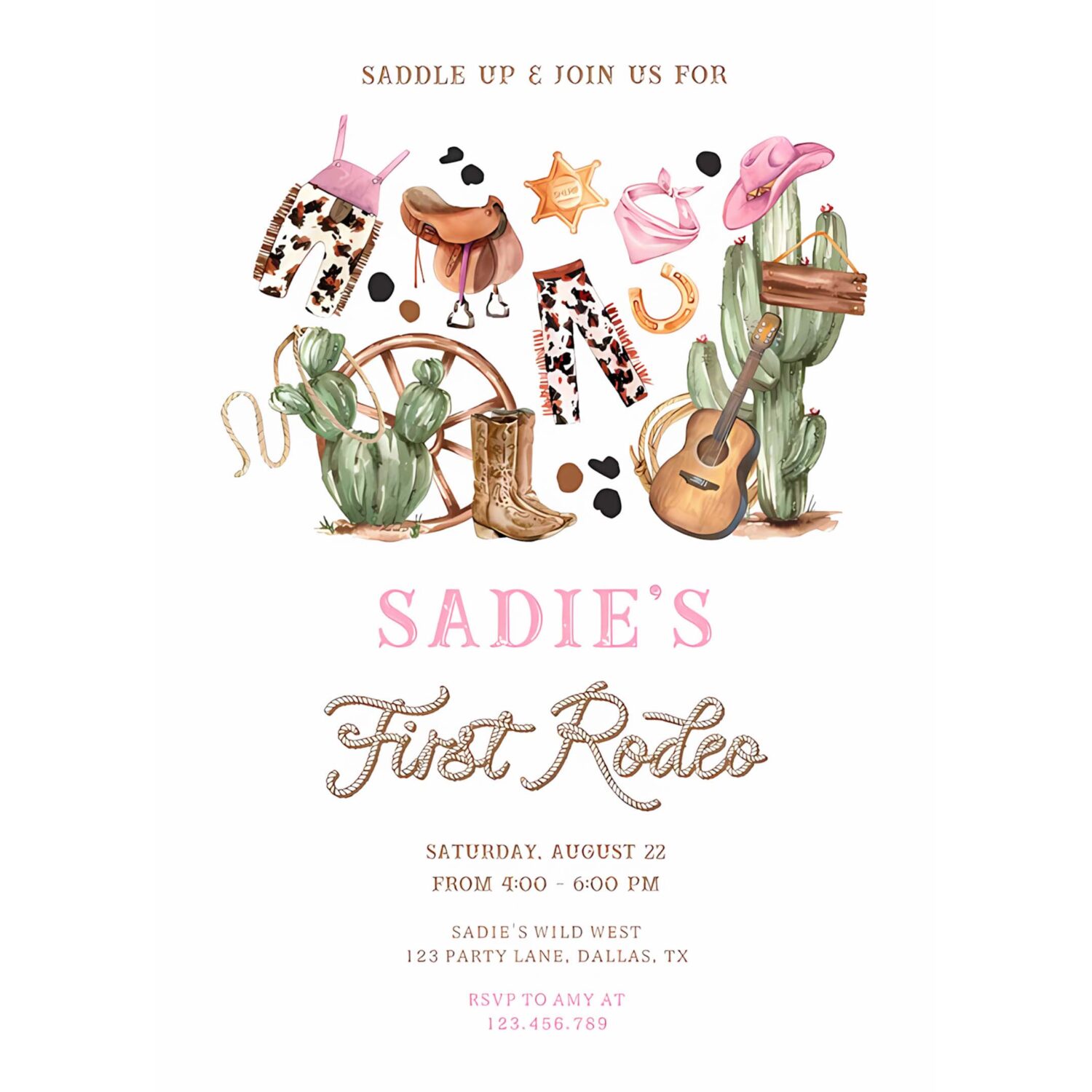 First rodeo cowboy wild west western girl birthday invitation r54y 4
