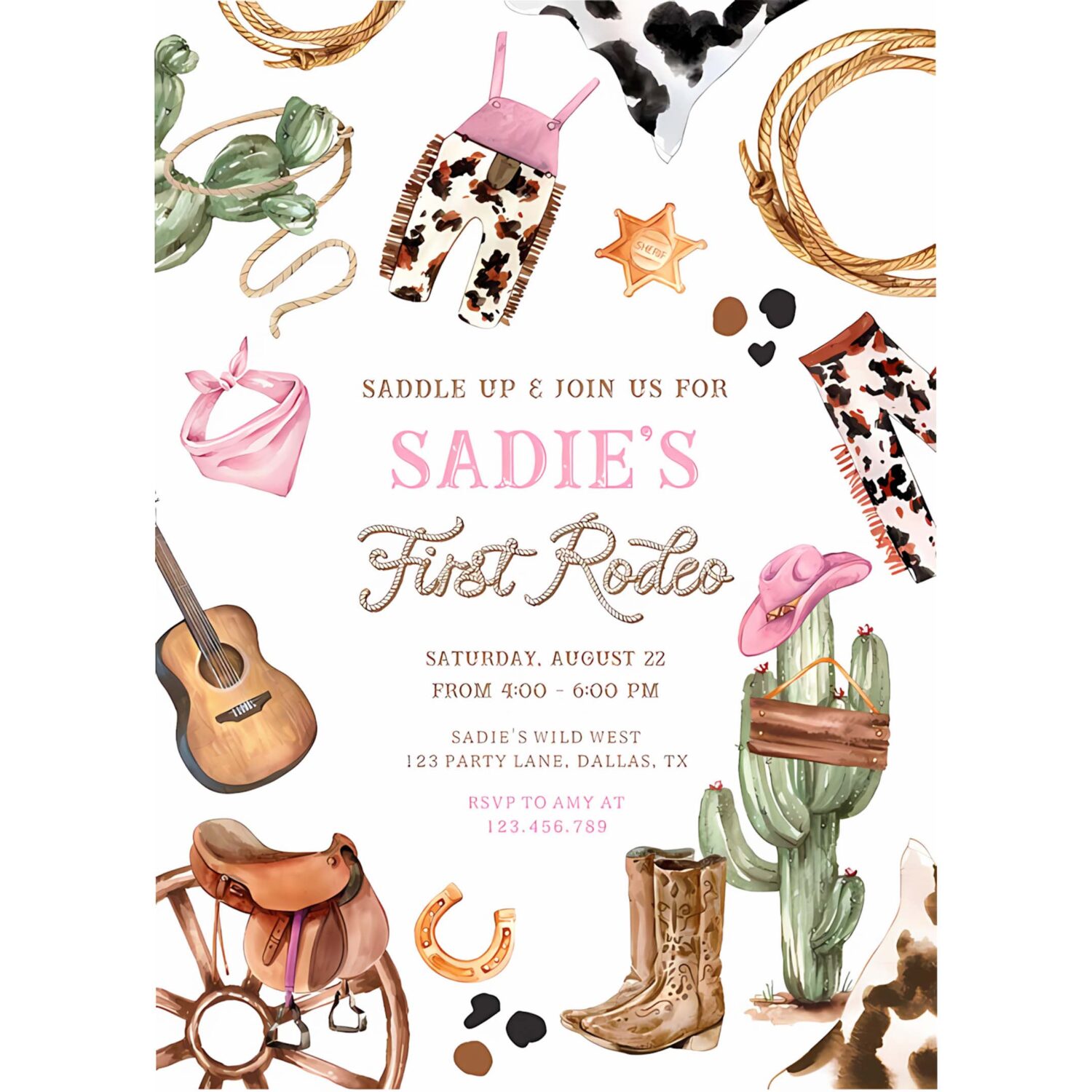 First rodeo cowboy wild west western girl birthday invitation t48g 4