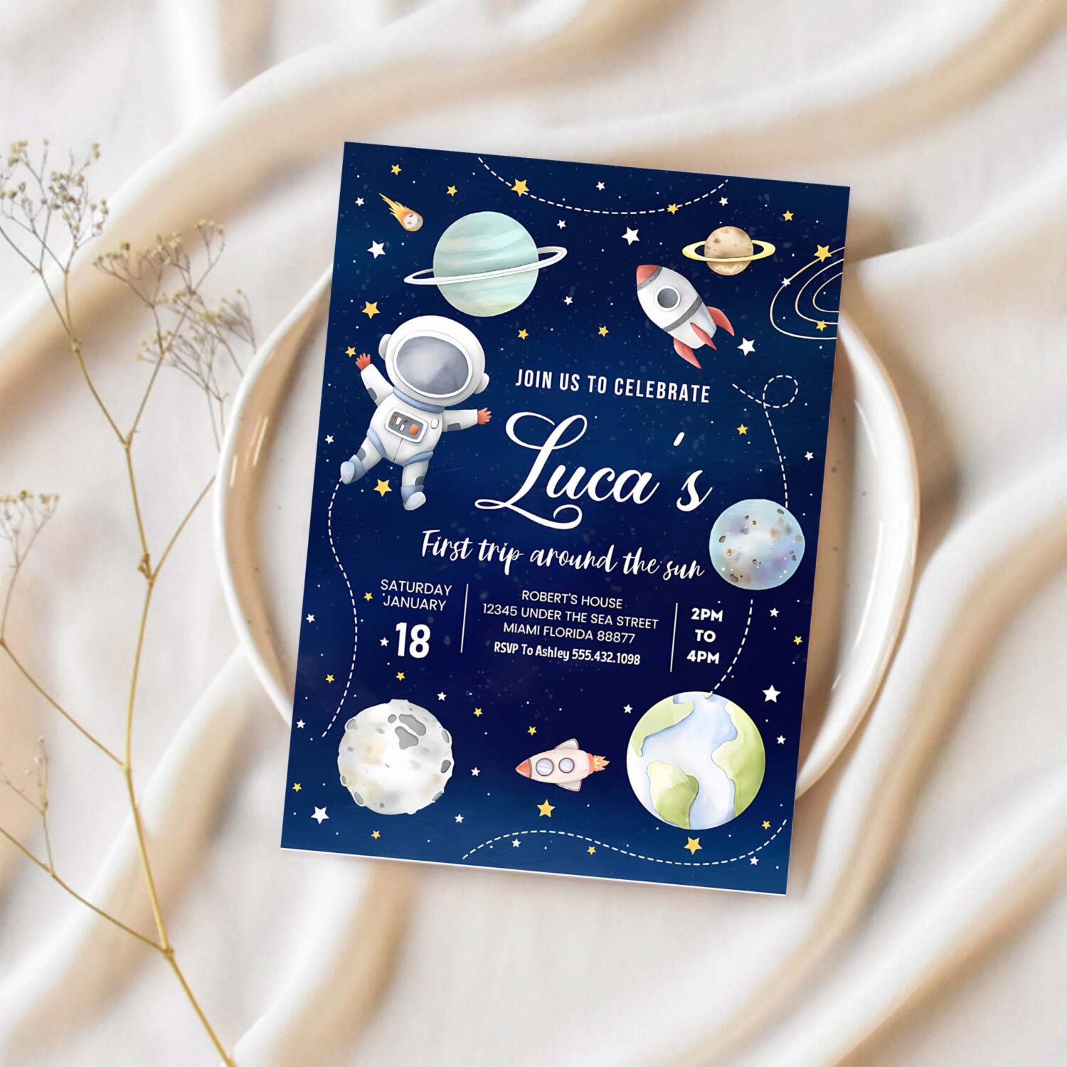 First trip around the sun outer space first birthday invitation 1