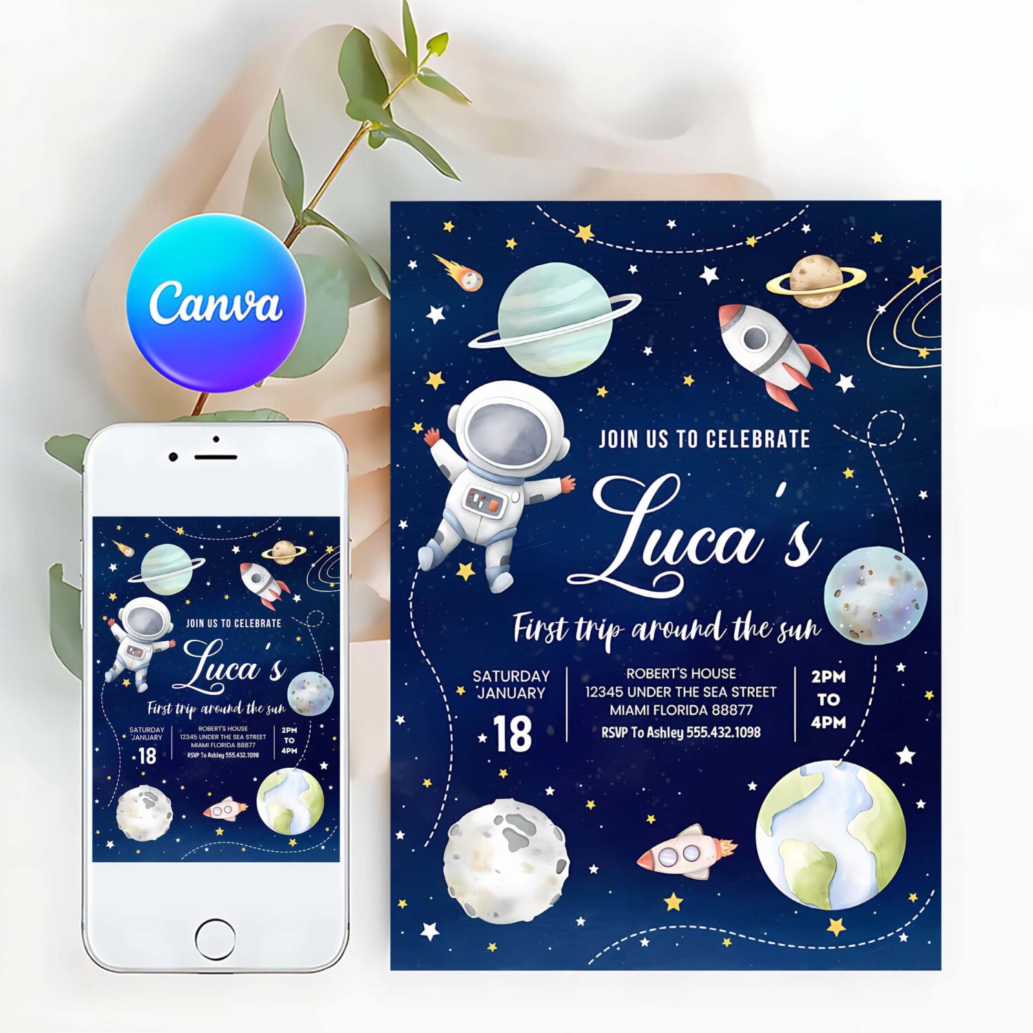 First trip around the sun outer space first birthday invitation