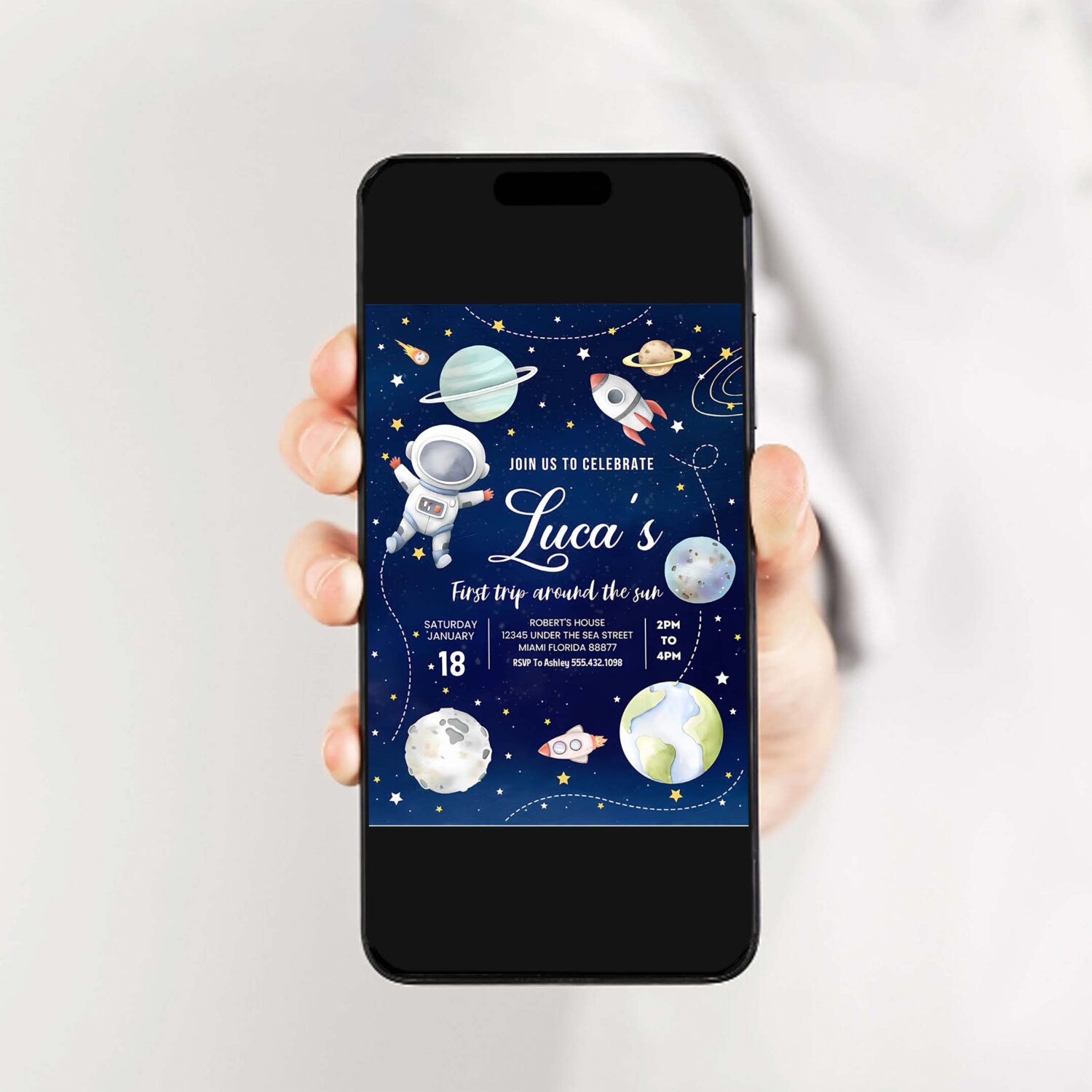 First trip around the sun outer space first birthday invitation 2