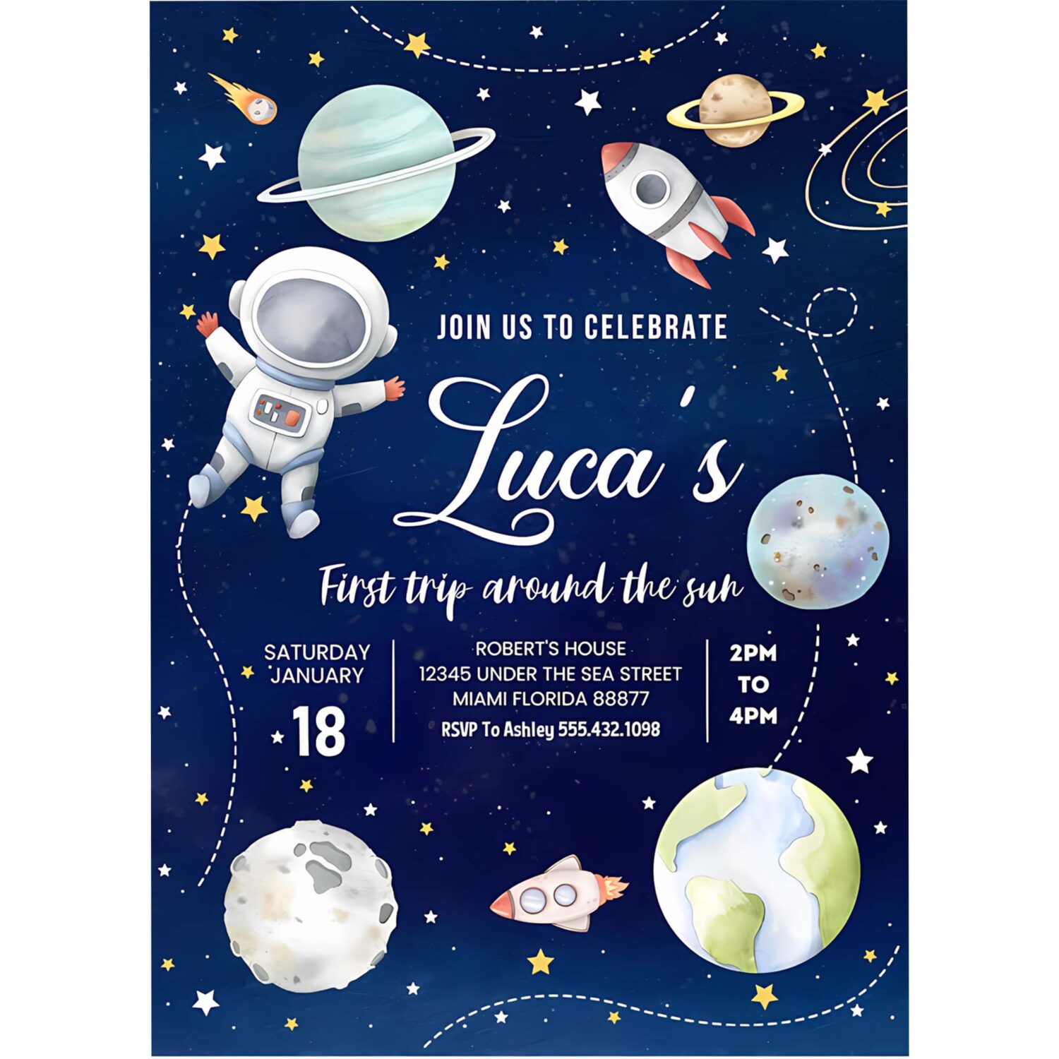 First trip around the sun outer space first birthday invitation 4