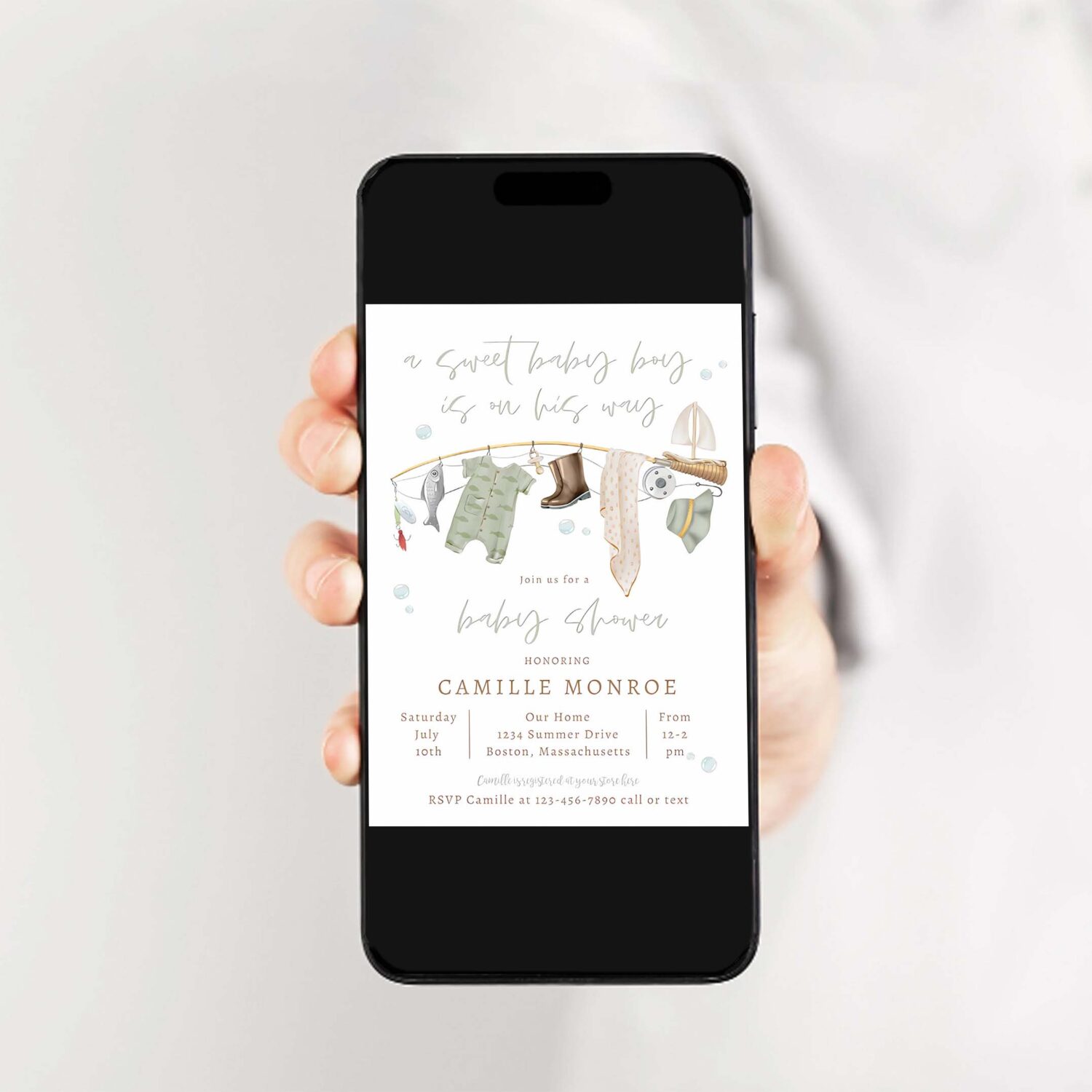 Fishing reel excited boy baby shower invitation a79l 2