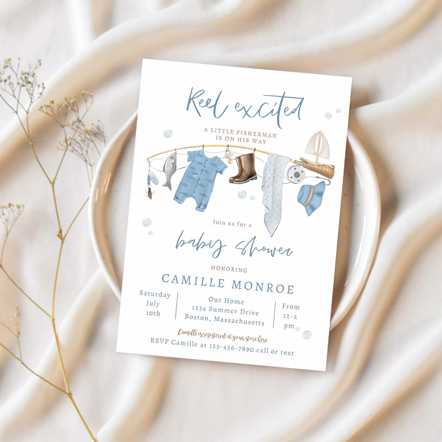 Fishing reel excited boy baby shower invitation t14v 1