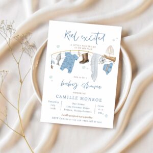 Fishing reel excited boy baby shower invitation t14v 1