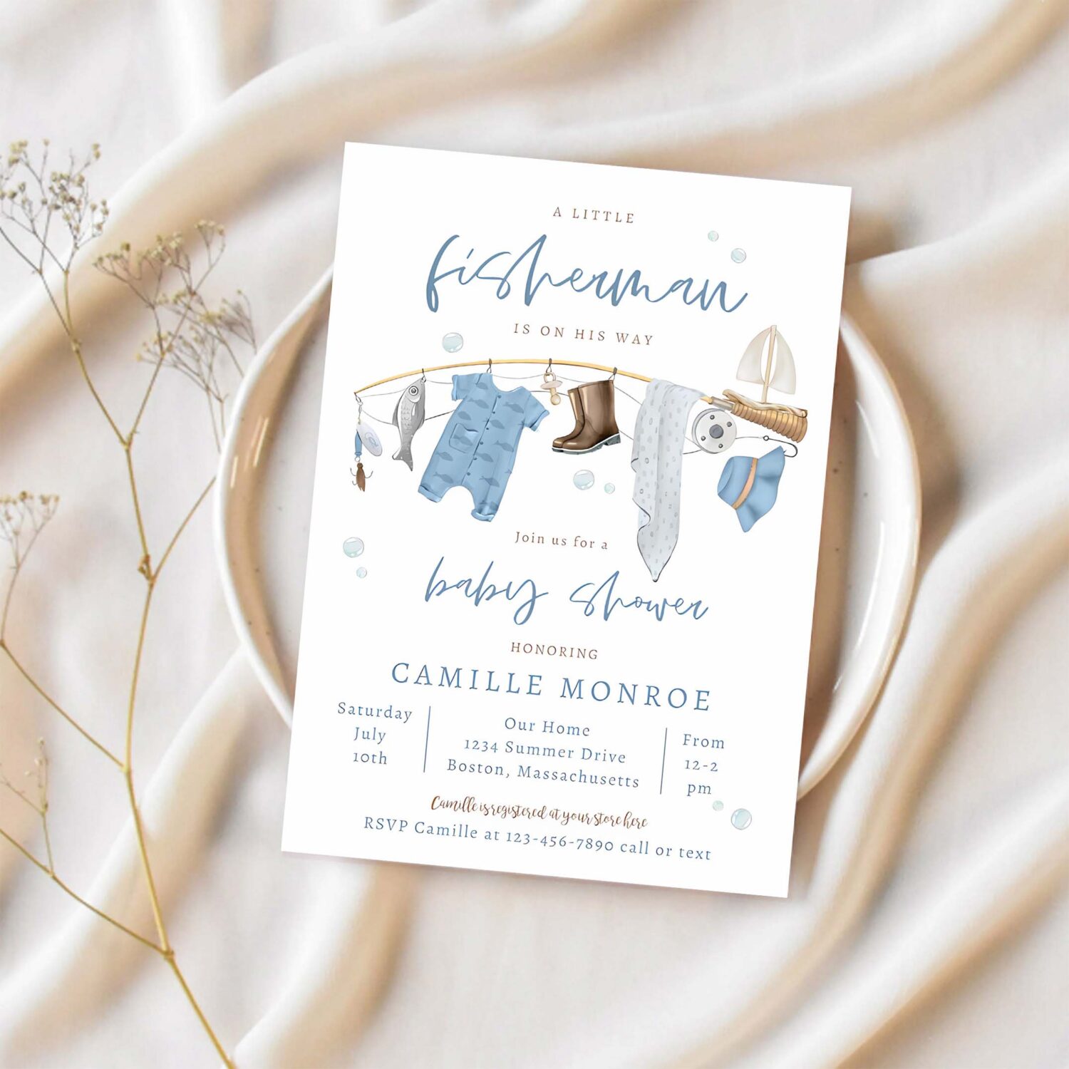 Fishing reel excited boy baby shower invitation v35p 1