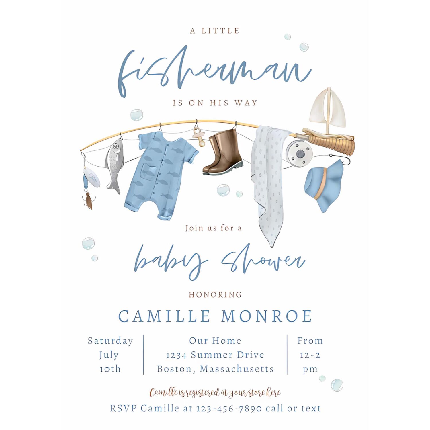 Fishing reel excited boy baby shower invitation v35p 4