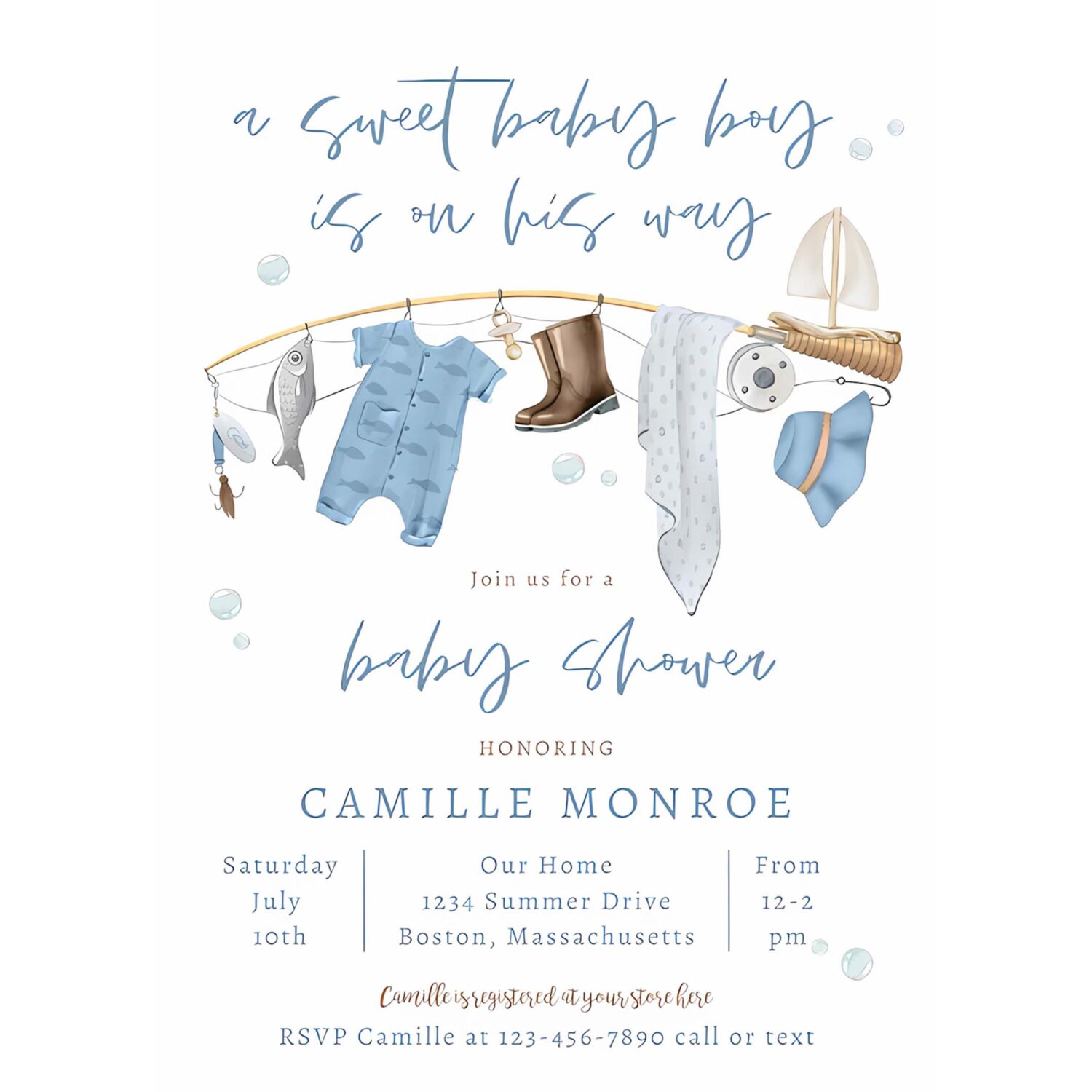 Fishing reel excited boy baby shower invitation v88o 4
