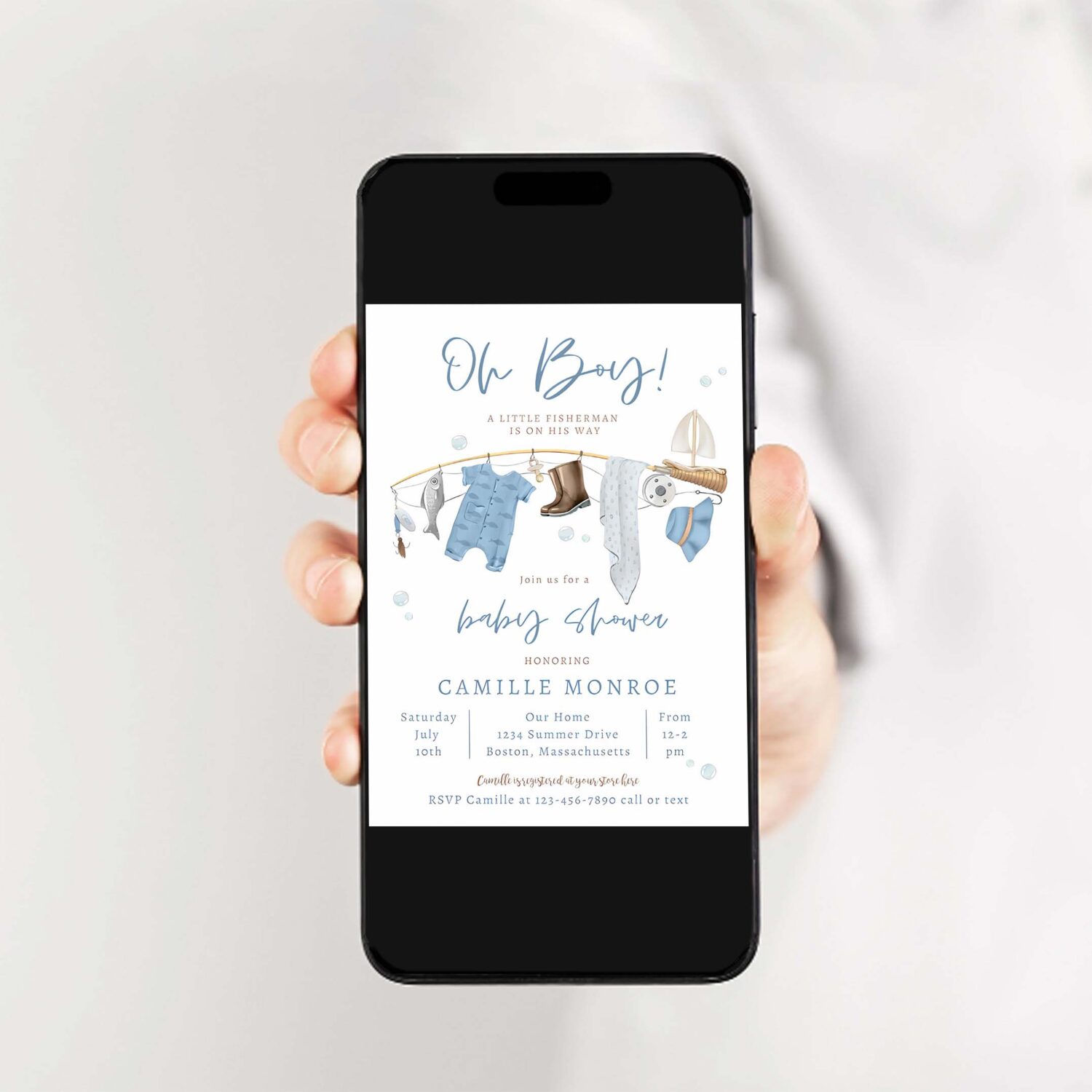 Fishing reel excited boy baby shower invitation x87t 2