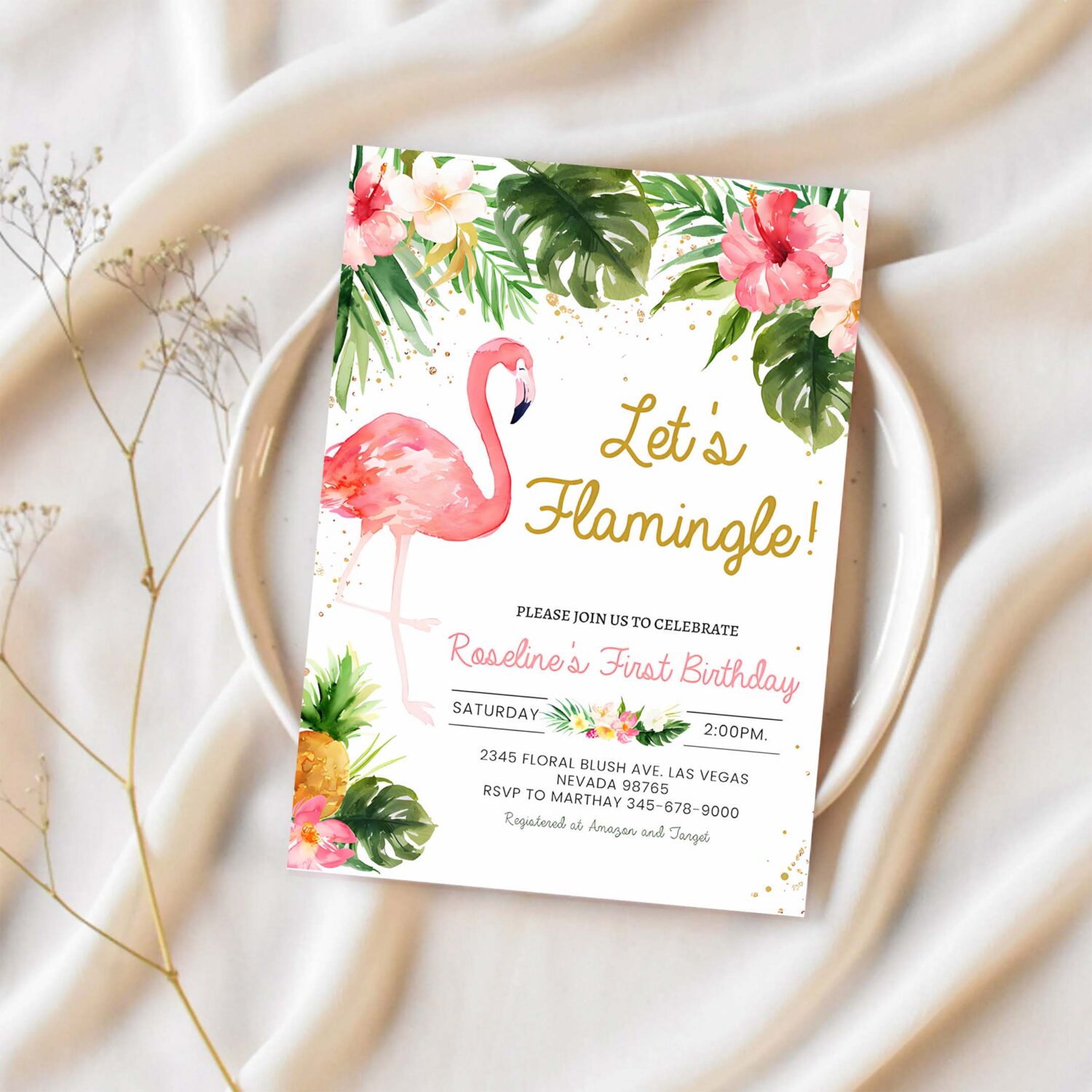 Flamingo birthday party invitation templatetropical birthday watercolor invite 1st birthday summer 1