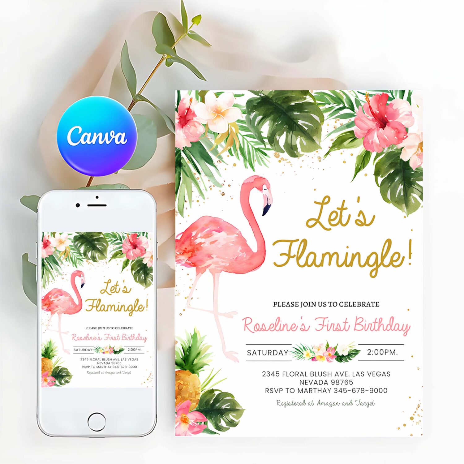 Flamingo birthday party invitation templatetropical birthday watercolor invite 1st birthday summer