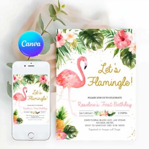 Tropical Invitation, Flamingo Birthday Party Invitation Template,Tropical Birthday Watercolor Invite, 1st Birthday Summer