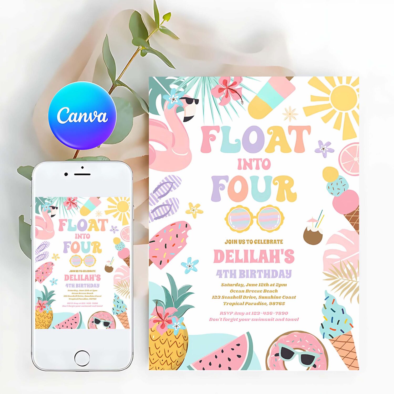 Float into four tropical beach 4th birthday party invitation r77a