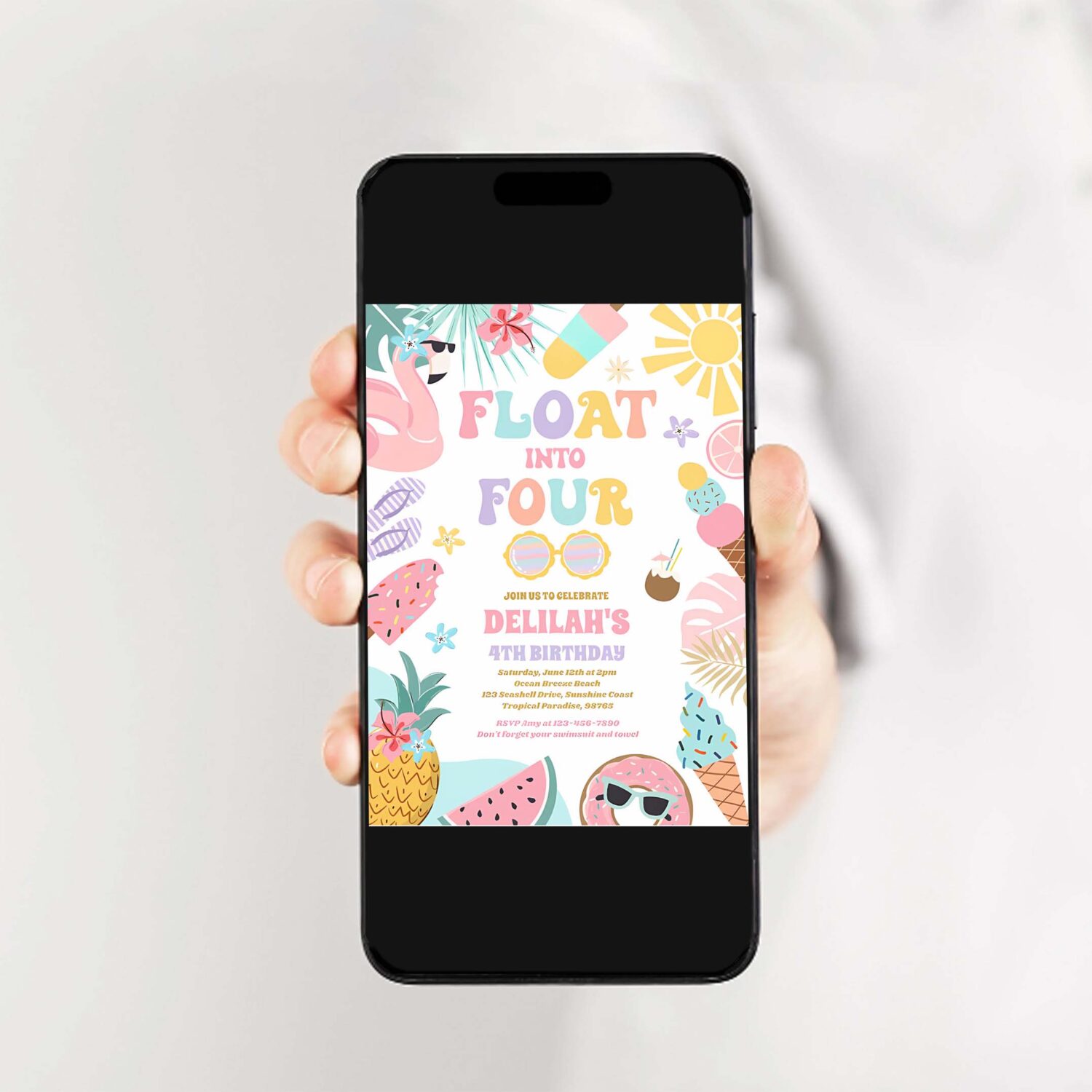 Float into four tropical beach 4th birthday party invitation r77a 2
