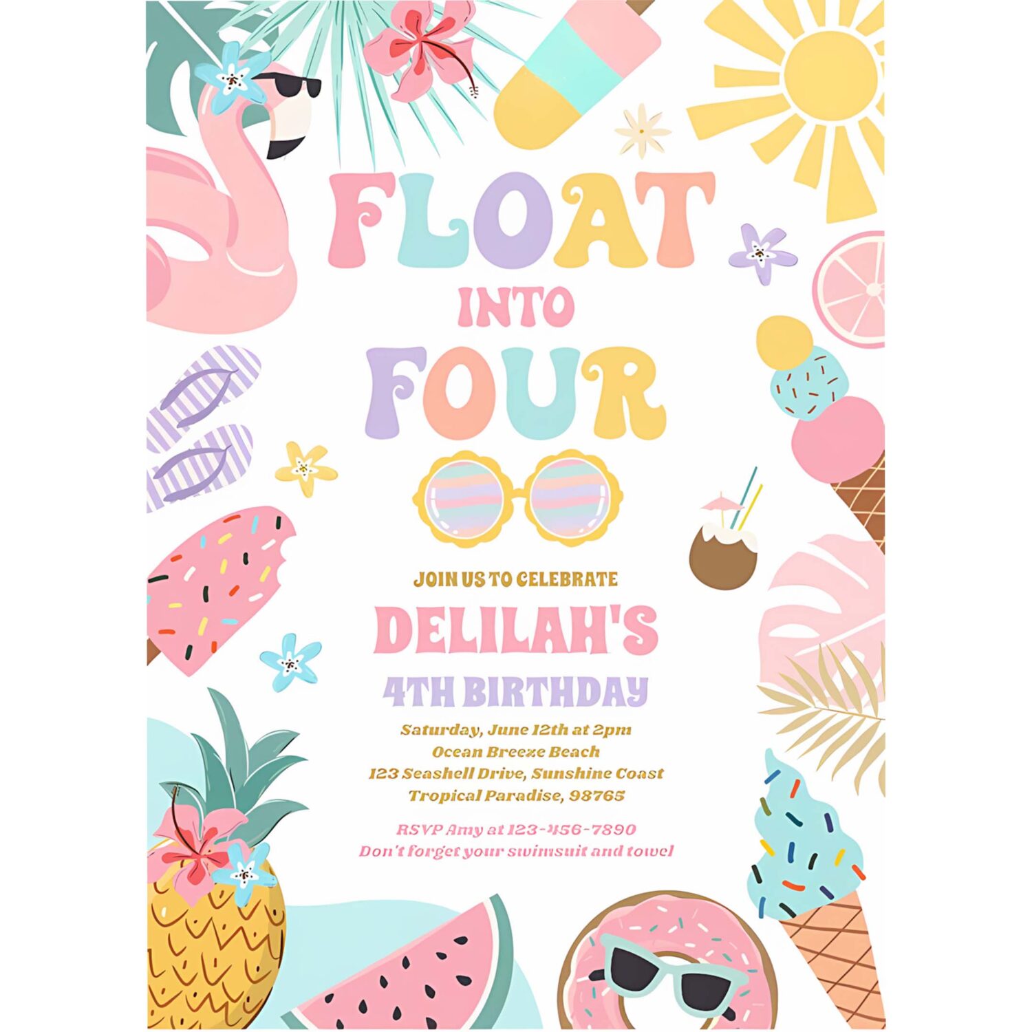 Float into four tropical beach 4th birthday party invitation r77a 4