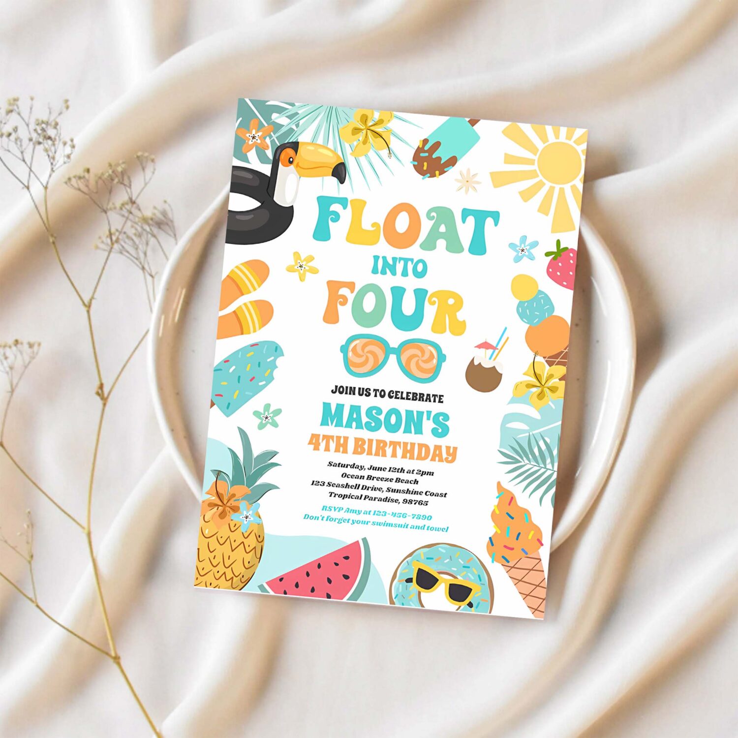 Float into four tropical beach 4th birthday party invitation j41f 1