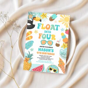 Float into four tropical beach 4th birthday party invitation j41f 1