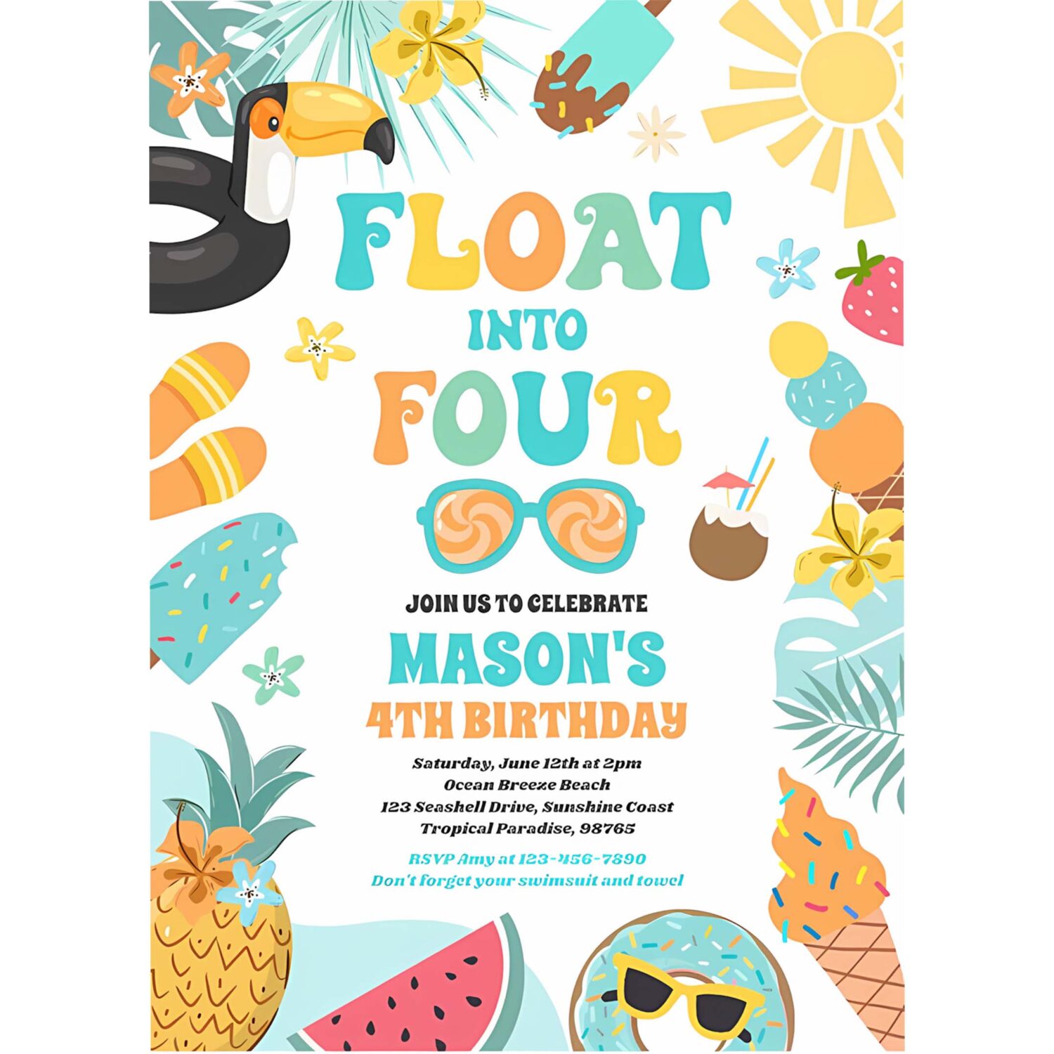Float into four tropical beach 4th birthday party invitation j41f 4