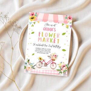 Flower market birthday invitation home grown farmers farm floral market girl pink 1