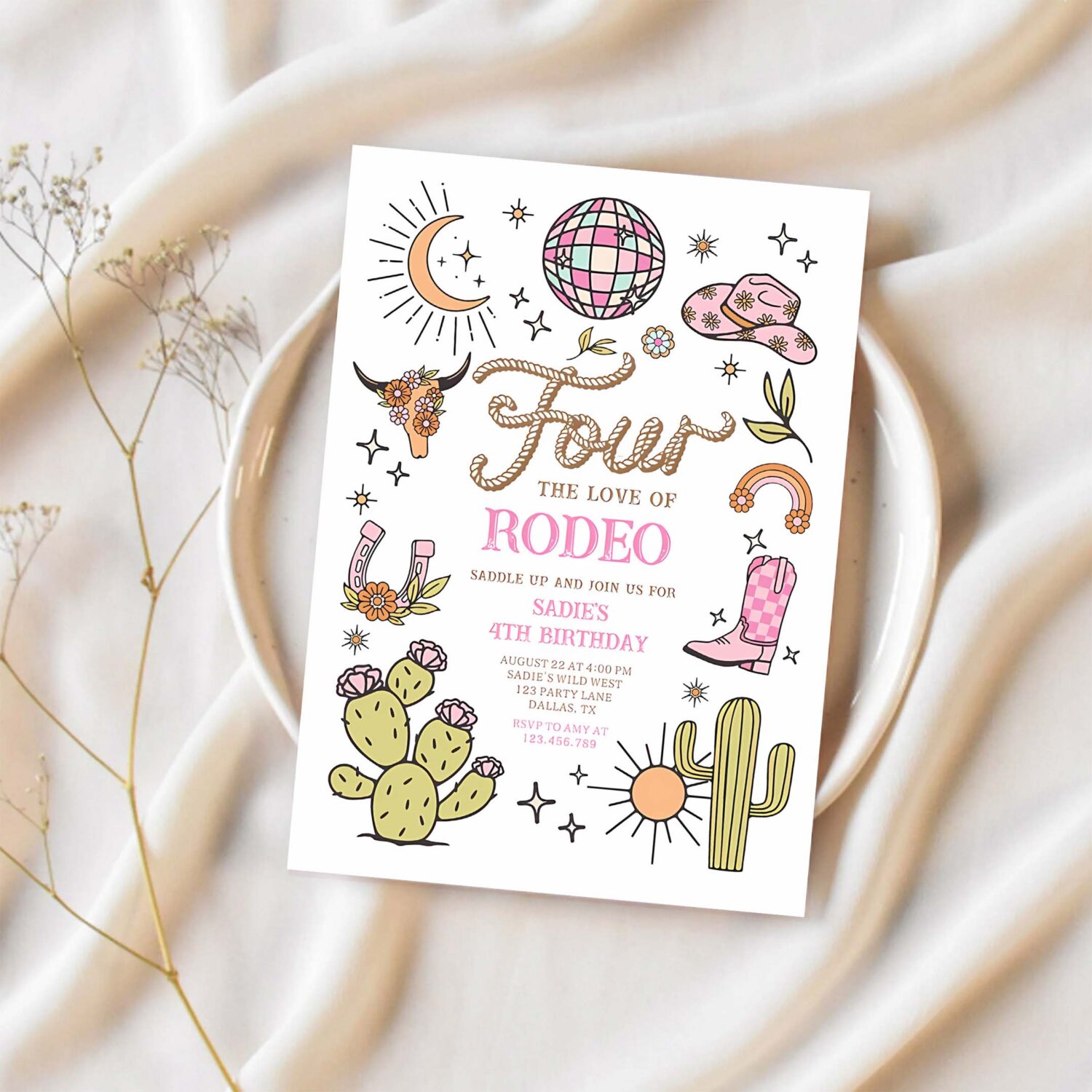 Four the love of rodeo disco cowgirl birthday invitation k21u 1